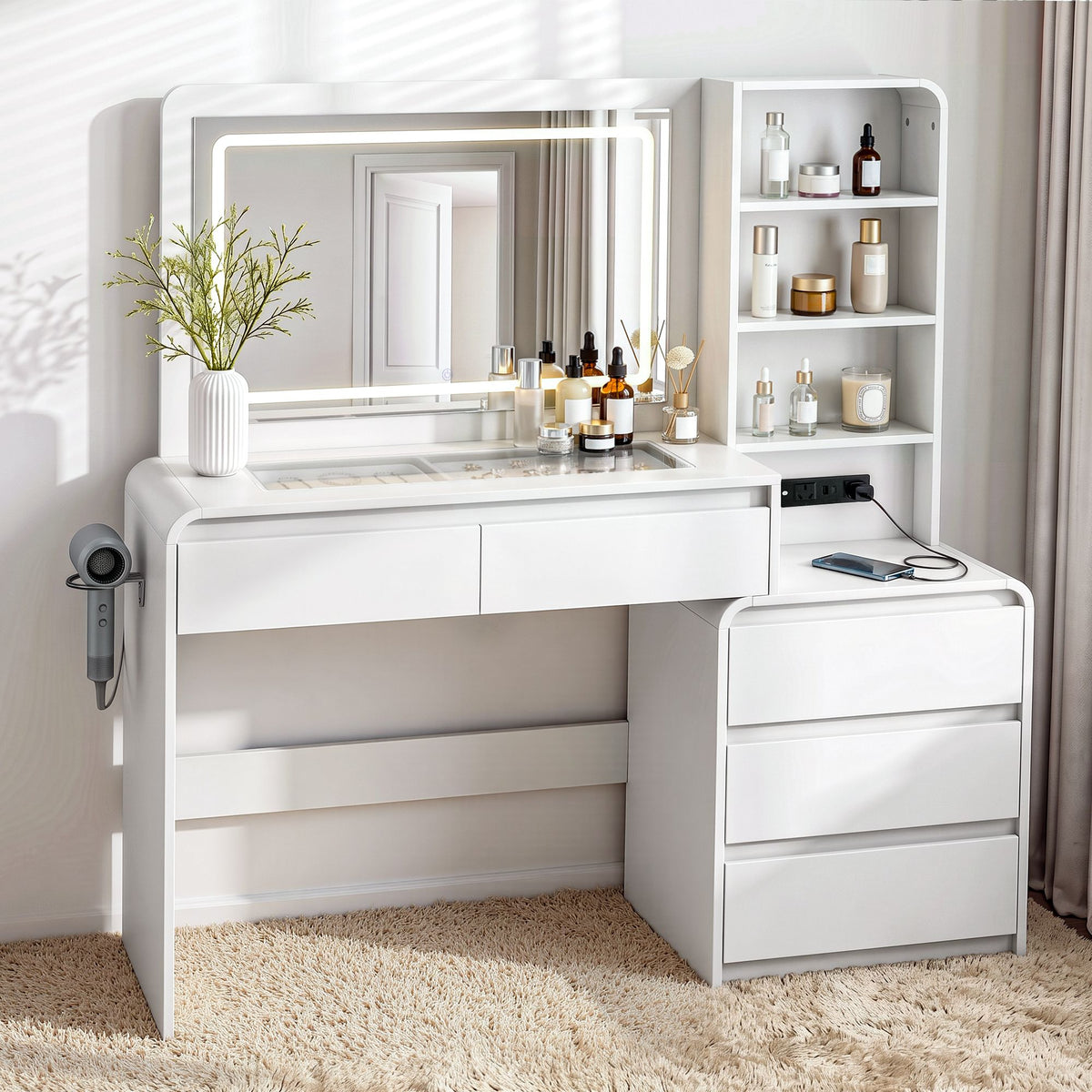 Artiss Dressing Table Makeup Vanity Desk LED Mirror Drawers Charging Station Curved Edge White