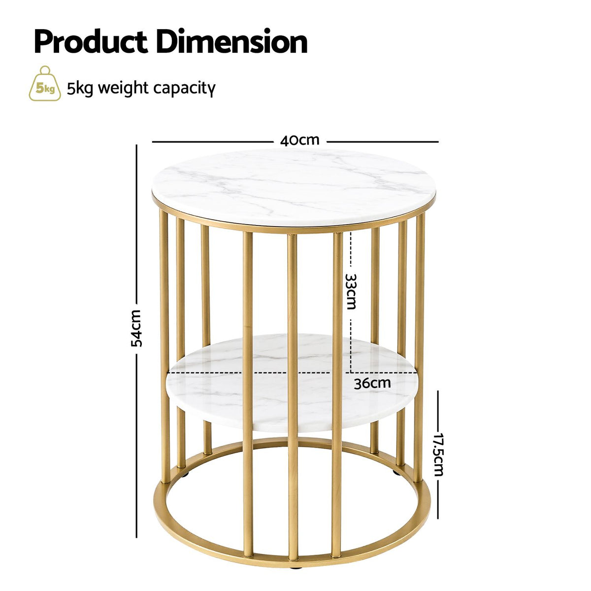 Artiss Side Table Set of 2 Marble Effect Round Coffee Table 2 Tier End Bedside Table Nightstand White&Gold