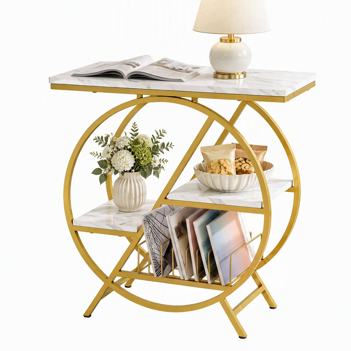 Artiss Side Table Marble Finish Coffee Table Nightstand Storage Shelf White&Gold