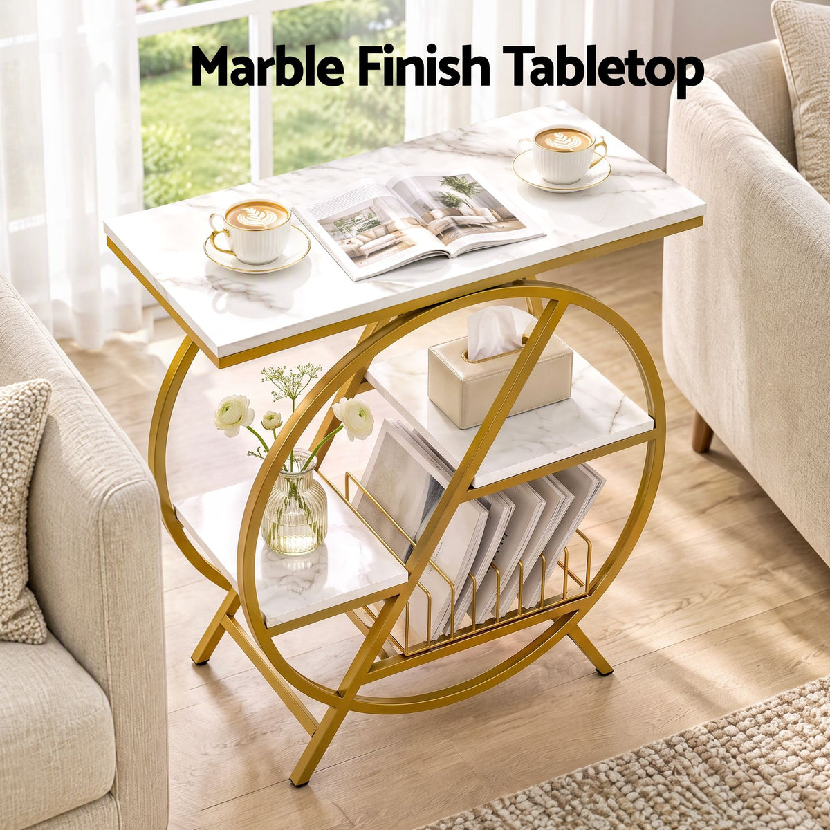 Artiss Side Table Marble Finish Coffee Table Nightstand Storage Shelf White&Gold