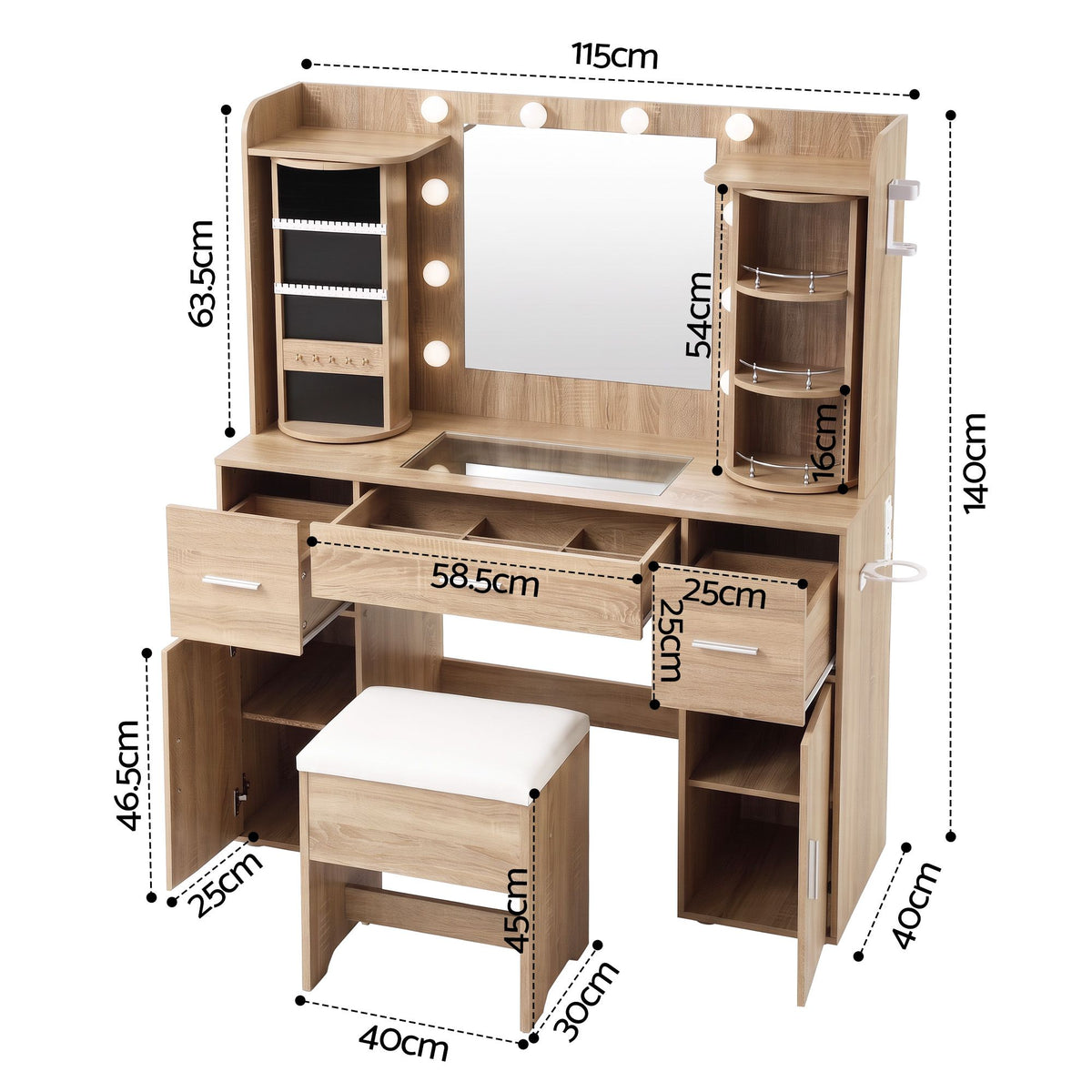 Artiss Dressing Table Vanity Desk LED Mirror Stool Set Charging Station Glass Top Rotating Shelf Wood