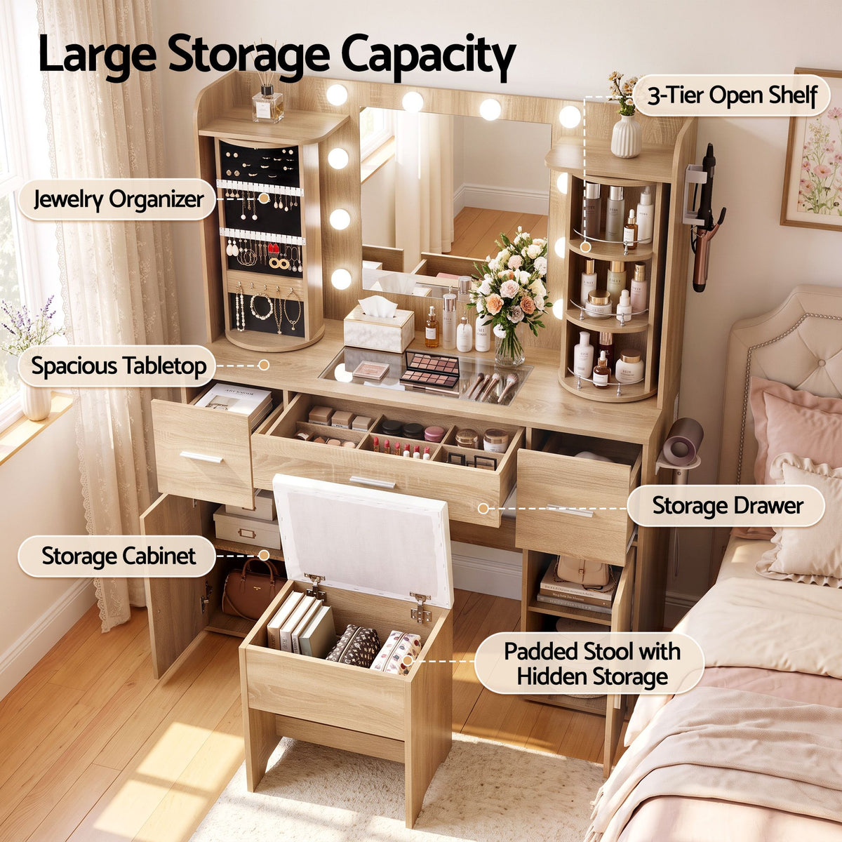 Artiss Dressing Table Vanity Desk LED Mirror Stool Set Charging Station Glass Top Rotating Shelf Wood