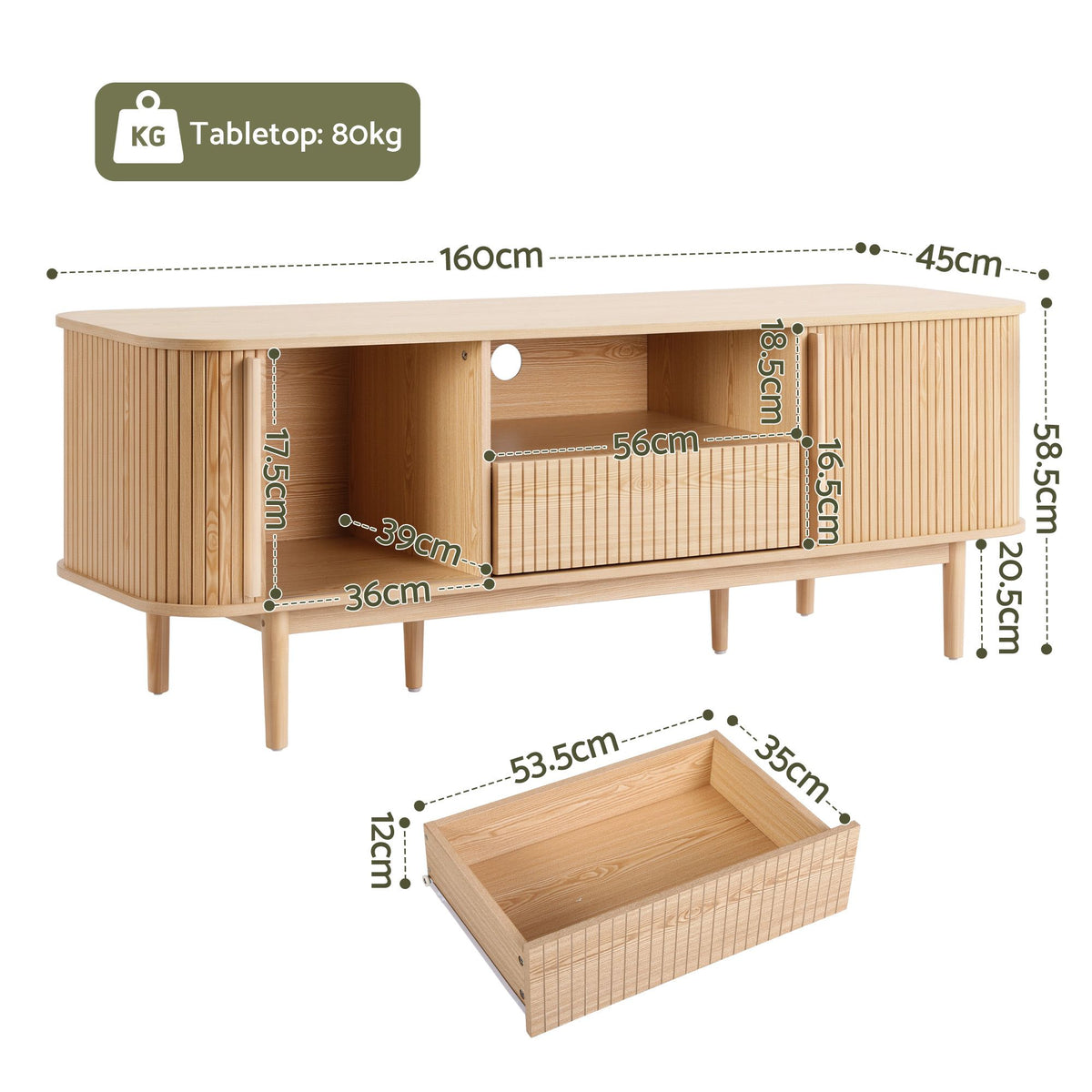Artiss 160cm TV Unit Storage Drawer Curved Edge Sliding Fluted Style Door Pine