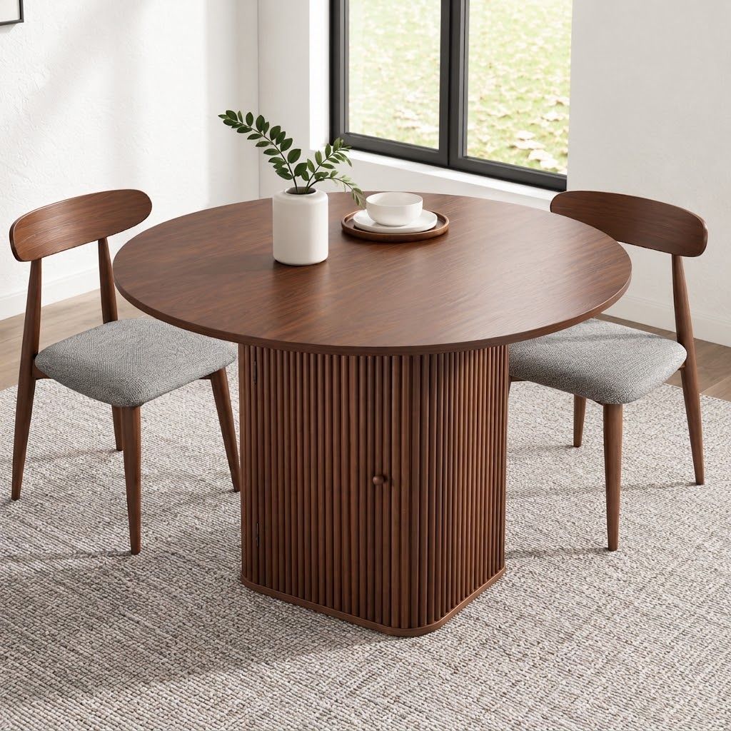 Artiss Modern Round Dining Table with Hidden Storage Base 100cm Dark Walnut