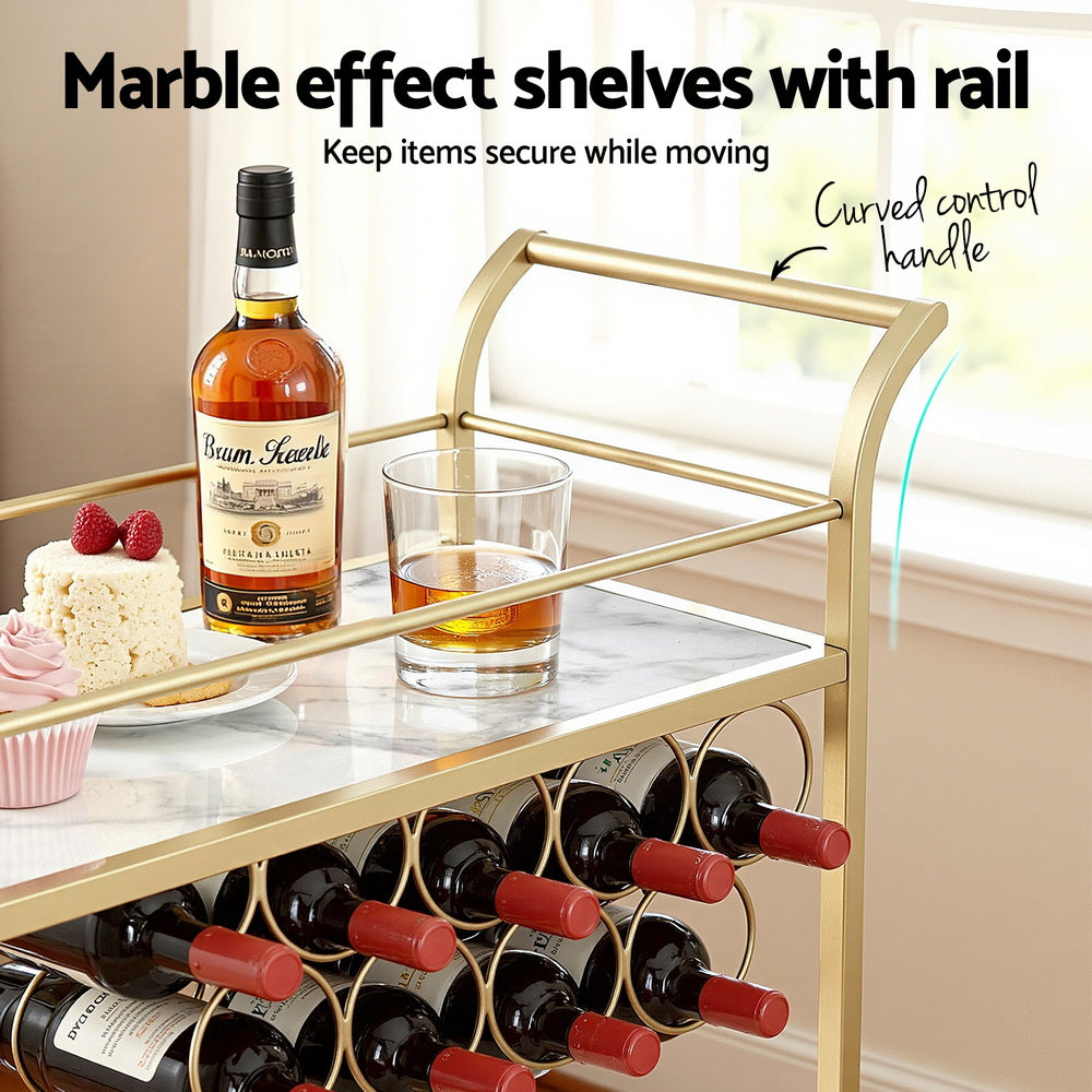 Artiss Bar Cart Drinks Trolley Serving Wine Rack Glass Holder Marble 85cm Gold