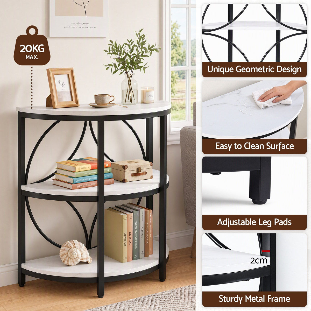 Artiss Semi-Circle End Table 3 Tier Coffee Table Side Nightstand Shelf Marble Effect White&Black