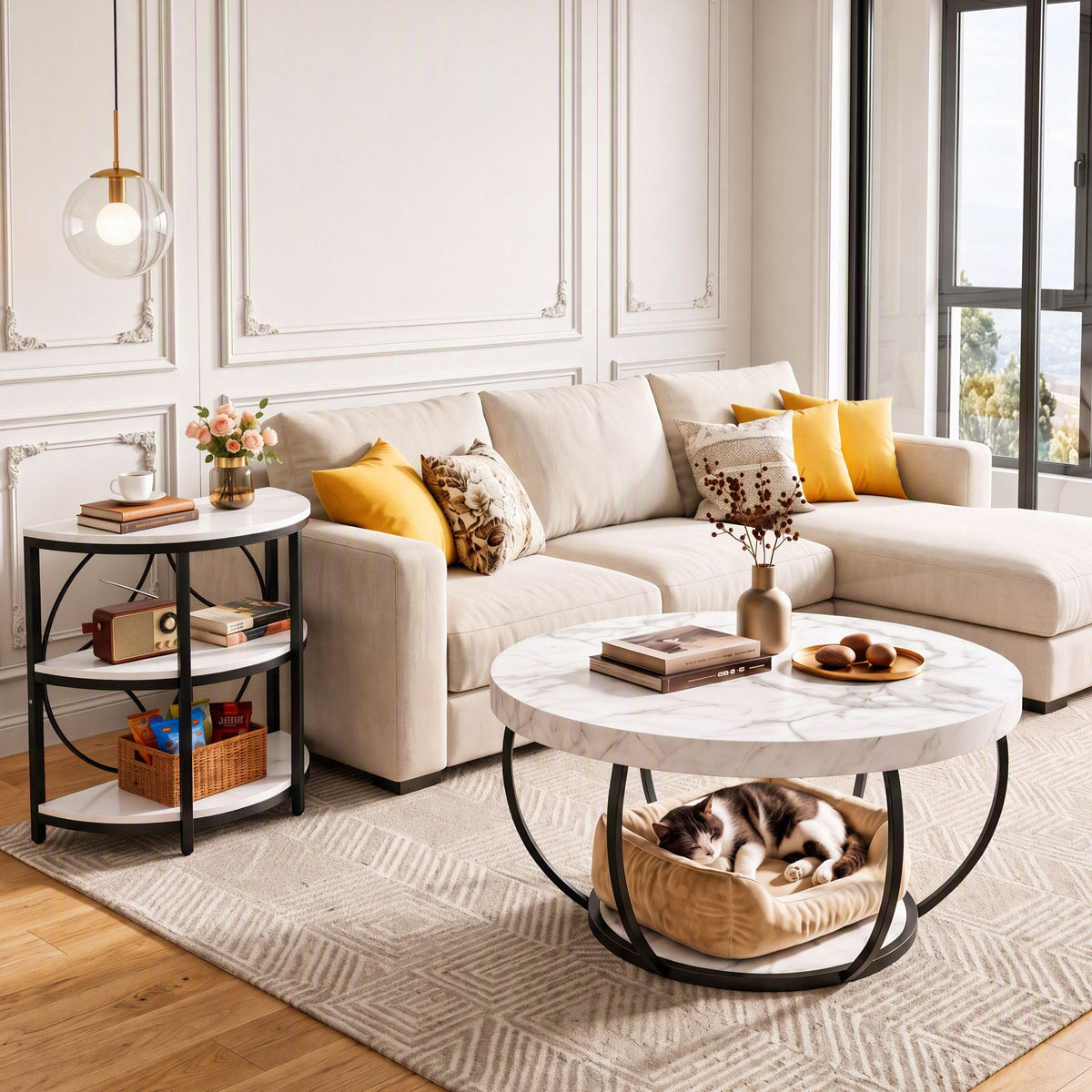 Artiss Semi-Circle End Table 3 Tier Coffee Table Side Nightstand Shelf Marble Effect White&Black