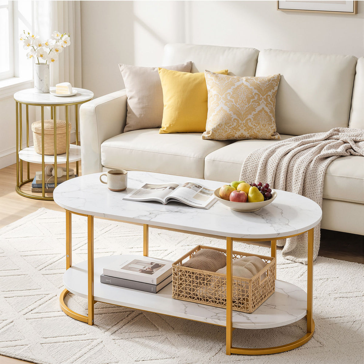 Artiss Coffee Table 2 Tier Oval Marble Finish Storage Shelf Metal Frame Center Table Living Room 100x50x45cm White & Gold