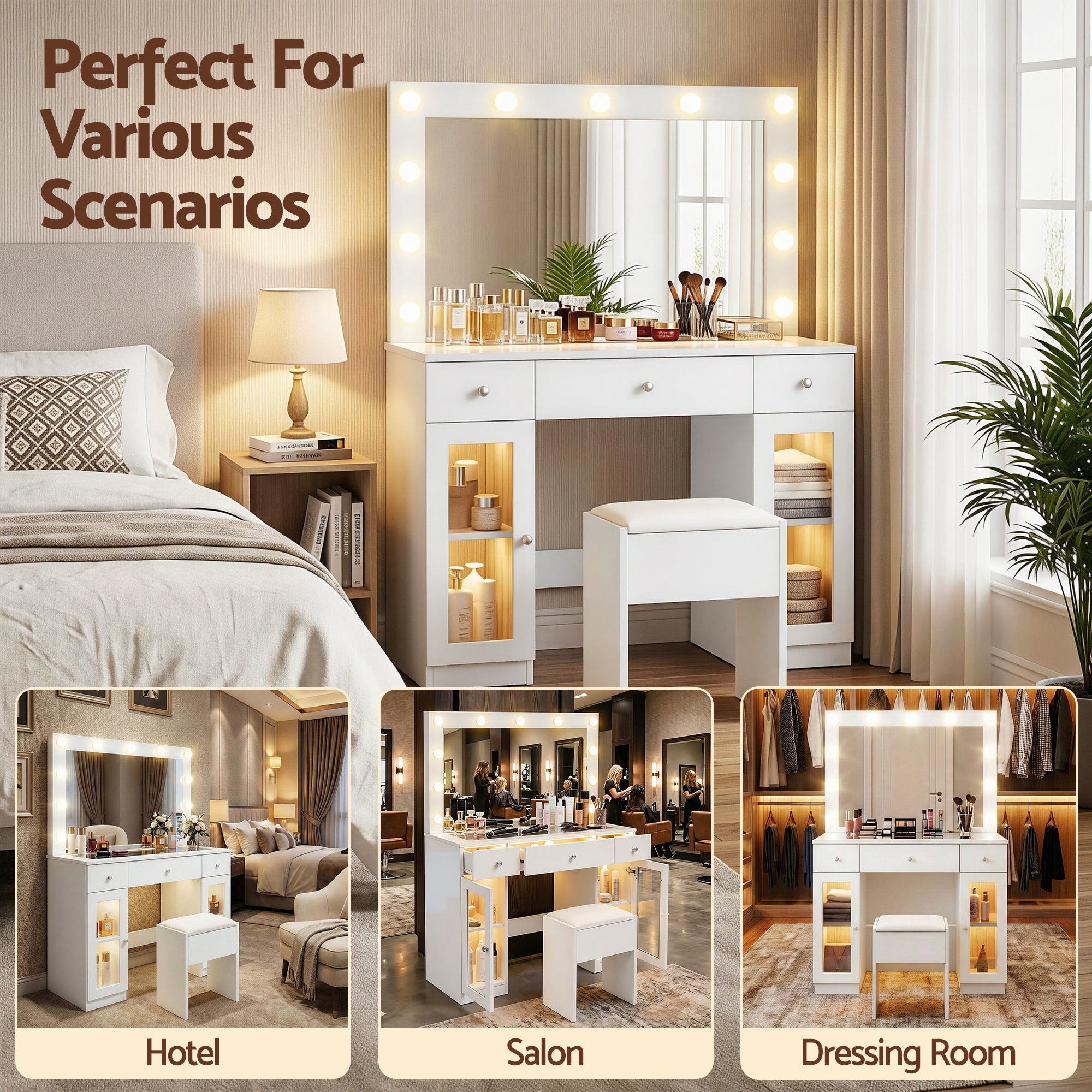 Artiss Dressing Table Vanity Desk Set LED Bulbs RGB Light White