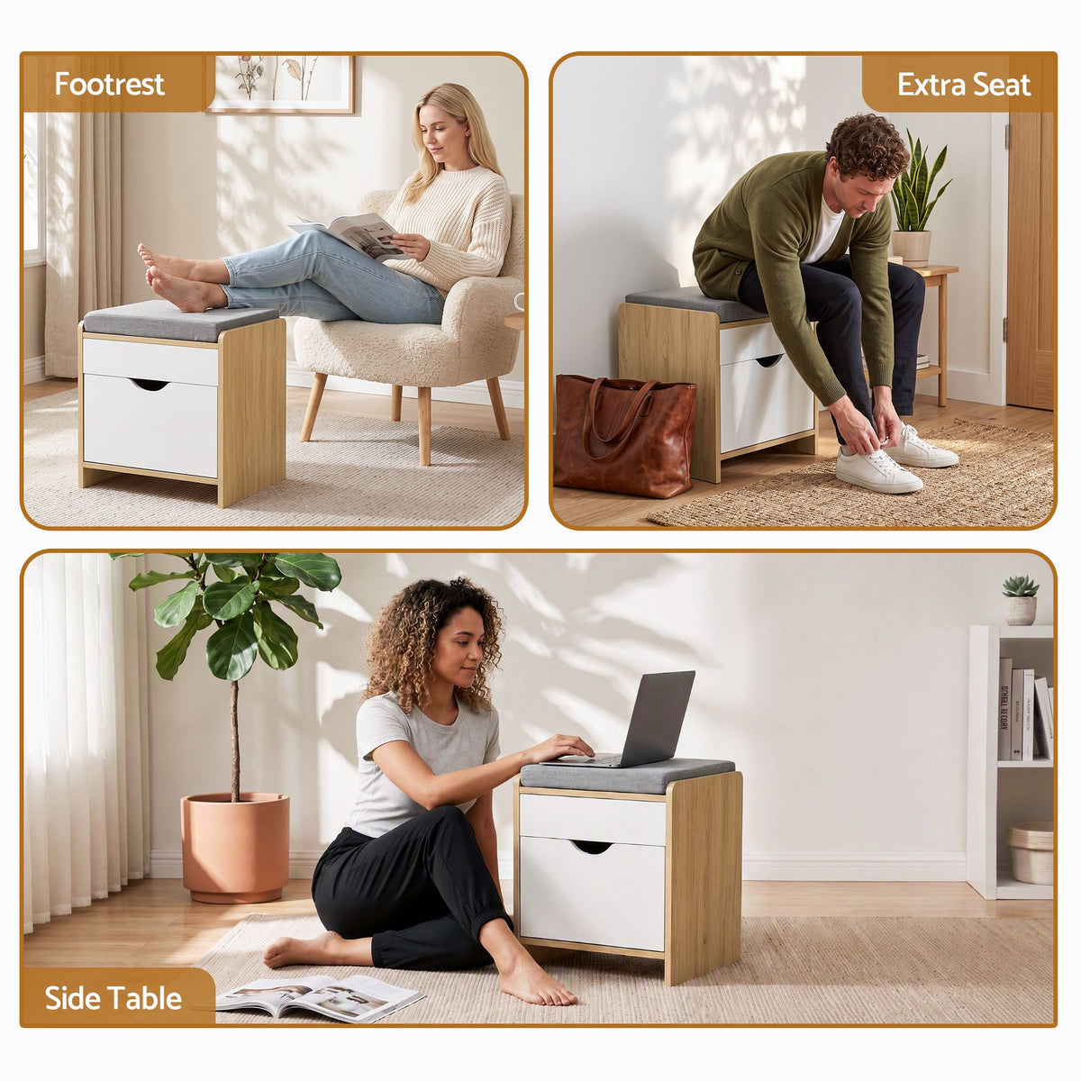 Artiss Storage Ottoman with Drawer 100kg Capacity Footrest Cushion Oak