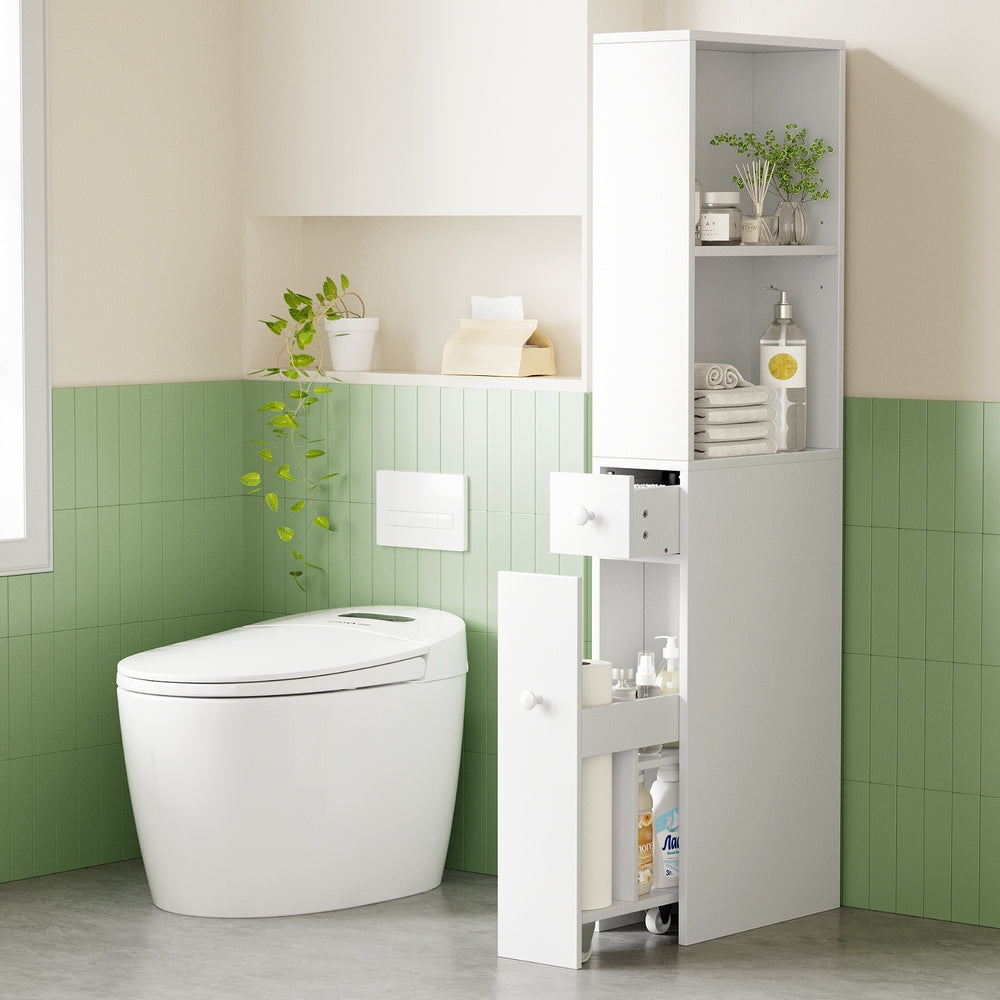 Artiss Bathroom Cabinet Storage Slim Organiser Drawer Toilet Corner 135cm White