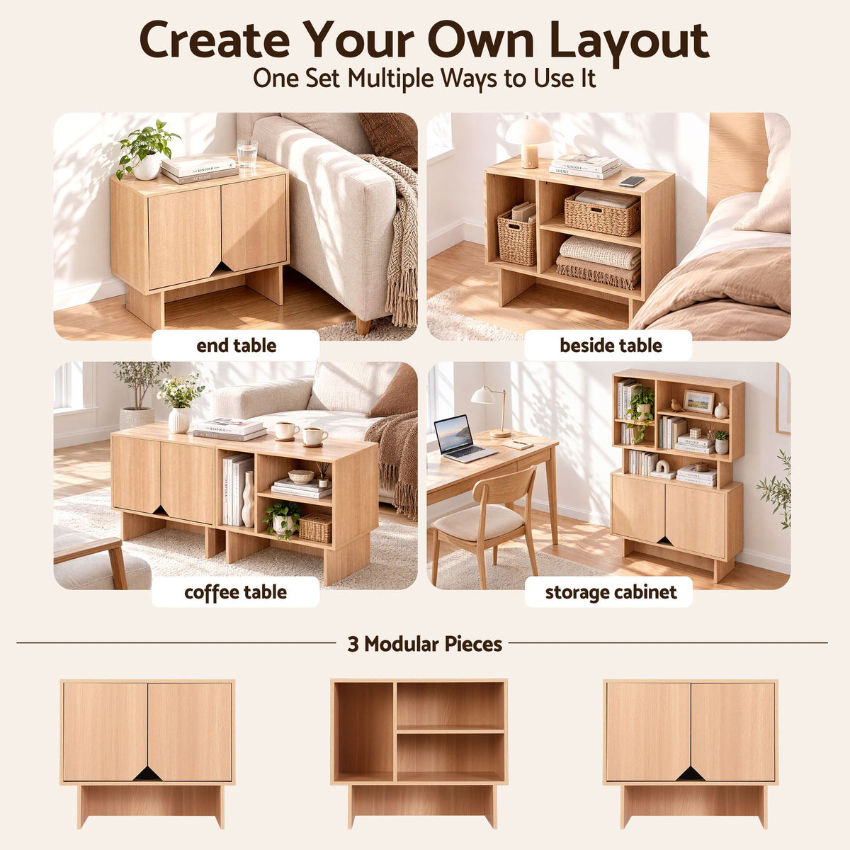 Artiss Modular TV Unit Storage Cabinet Adjustable Shelf Robot-Vac Friendly Pine