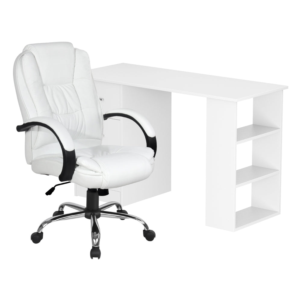 Artiss Computer Desk 120cm Executive Office Chair Set PU Leather High Back White