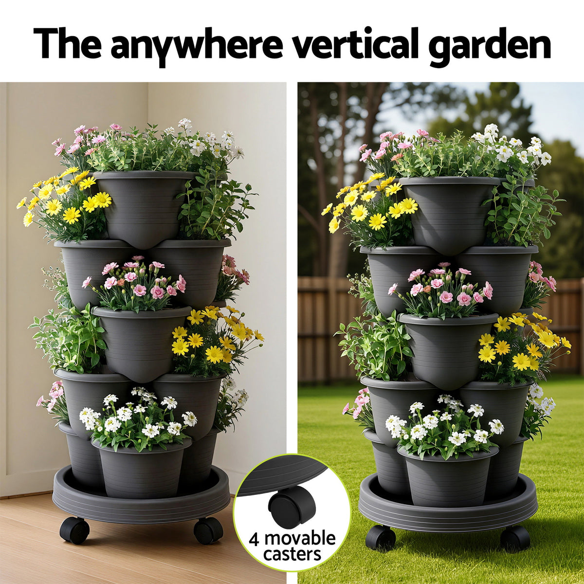 Green Fingers 5 Tier Vertical Garden Planter, Stackable Planters with 4 Wheels, Black, Raised Garden Bed, Garden Tower Indoor Outdoor, Auto Drainage System, for Strawberries, Herbs, Flower, Vegetables