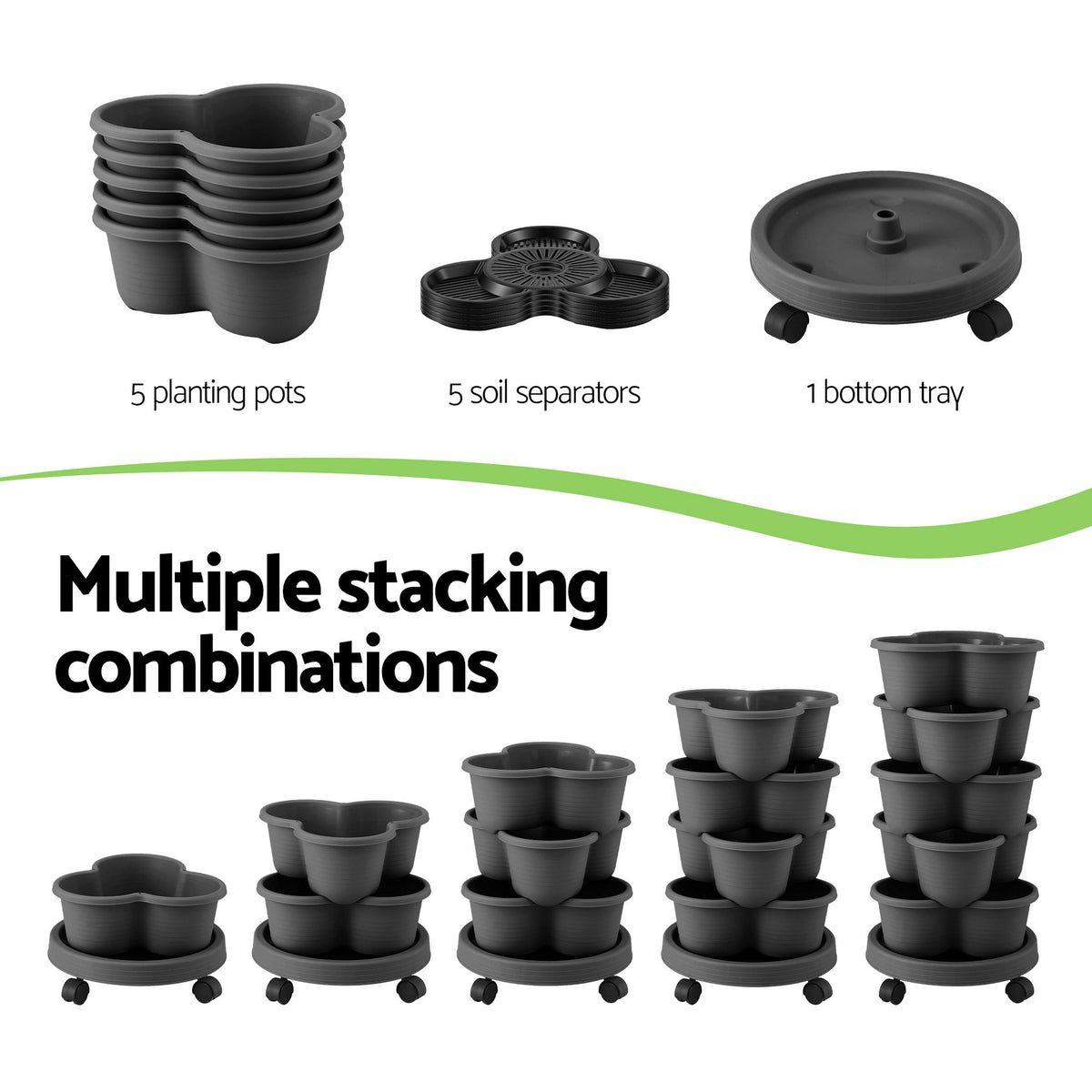 Green Fingers 5 Tier Vertical Garden Planter, Stackable Planters with 4 Wheels, Black, Raised Garden Bed, Garden Tower Indoor Outdoor, Auto Drainage System, for Strawberries, Herbs, Flower, Vegetables