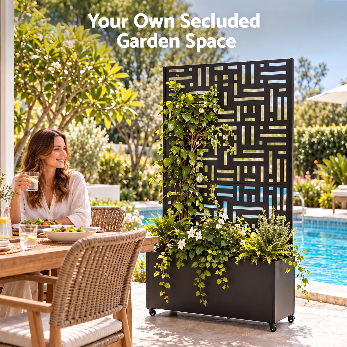 Green Fingers Mobile Planter Box Garden Bed with Trellis Privacy Screen & Lockable Wheels for Climbing Plants
