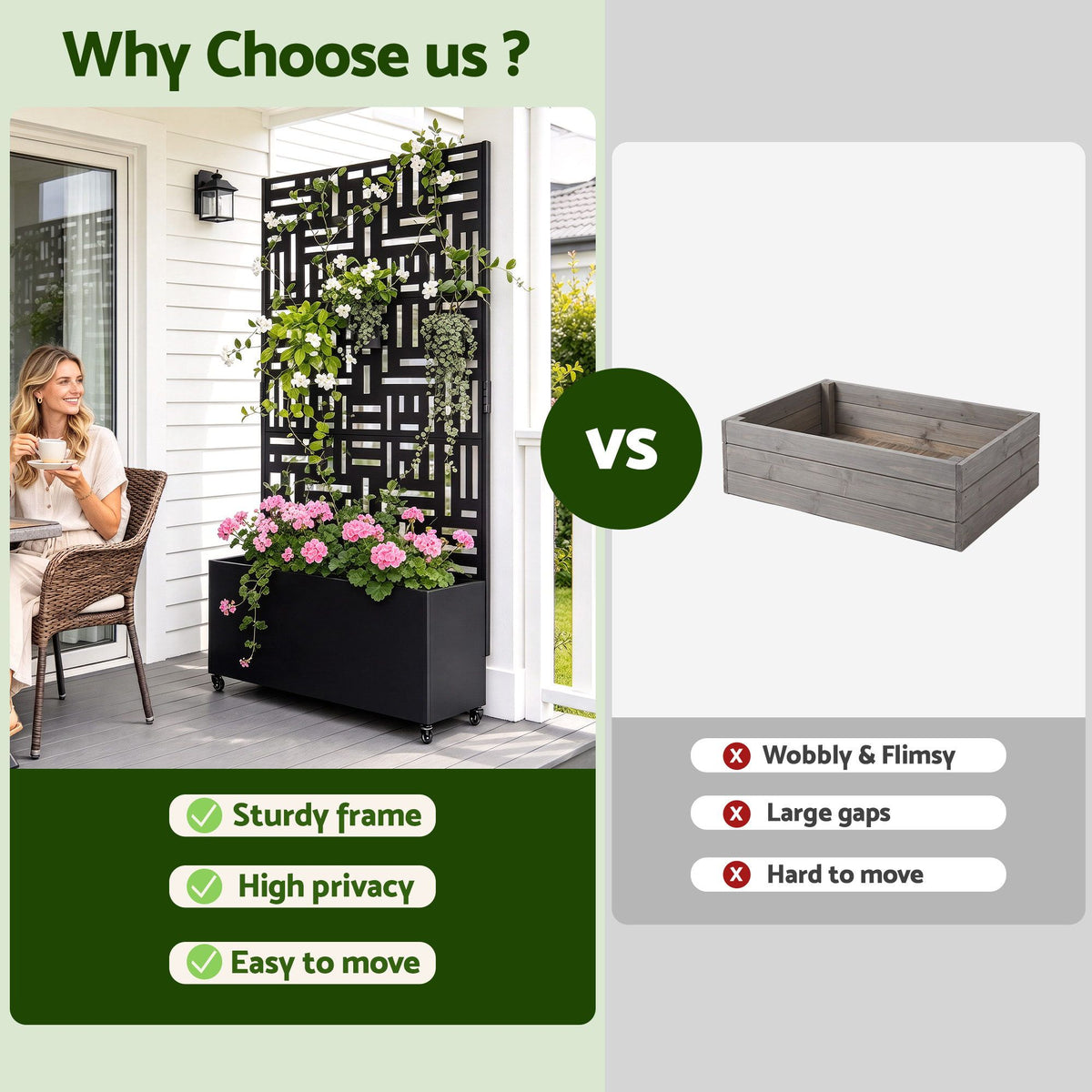 Green Fingers Mobile Planter Box Garden Bed with Trellis Privacy Screen & Lockable Wheels for Climbing Plants