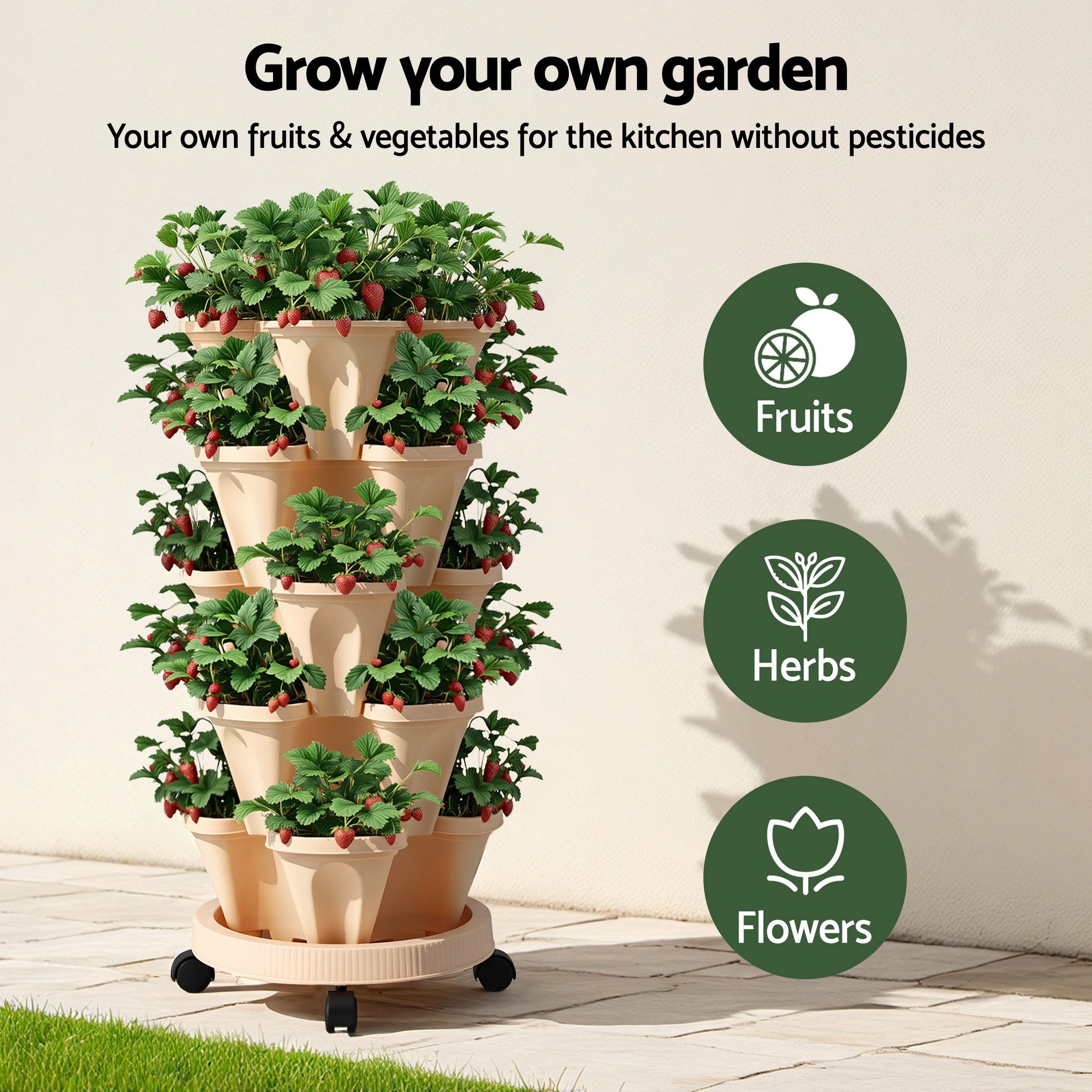 Green Fingers Garden Bed 5 Tier Vertical Garden Grey Strawberry Stackable Planters Herbs Beige