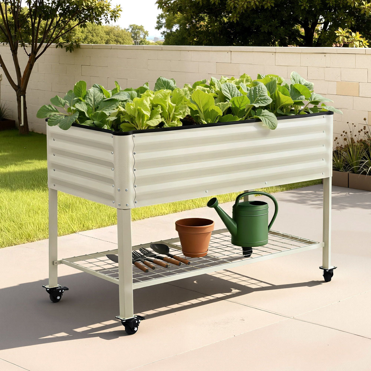 Green Fingers Mobile Raised Garden Bed With Wheels Storage Shelf 81cm Height for Vegetables Herb White