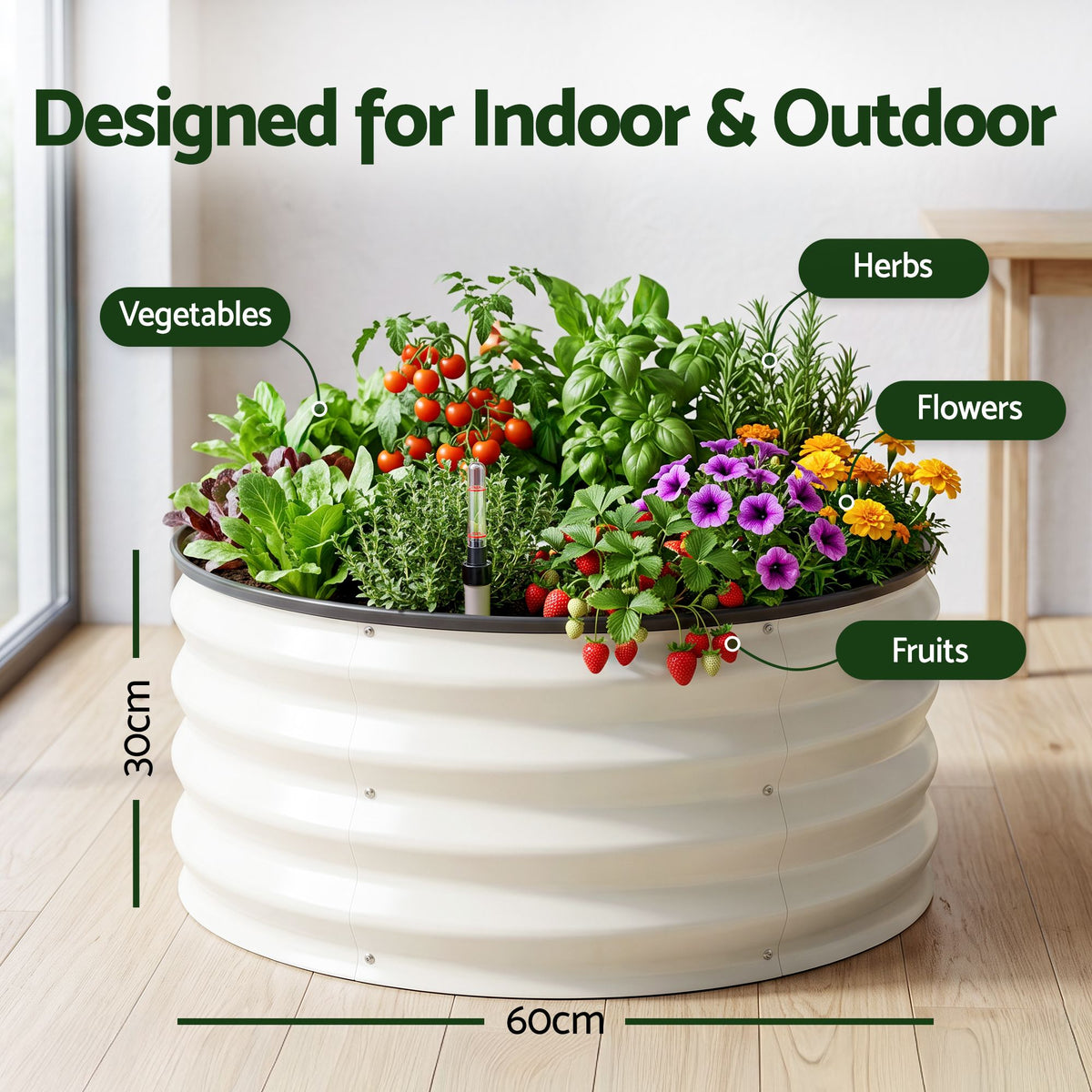 Green Fingers Self Watering Round Garden Bed Galvanised for Balcony Deck 60x60x30cm