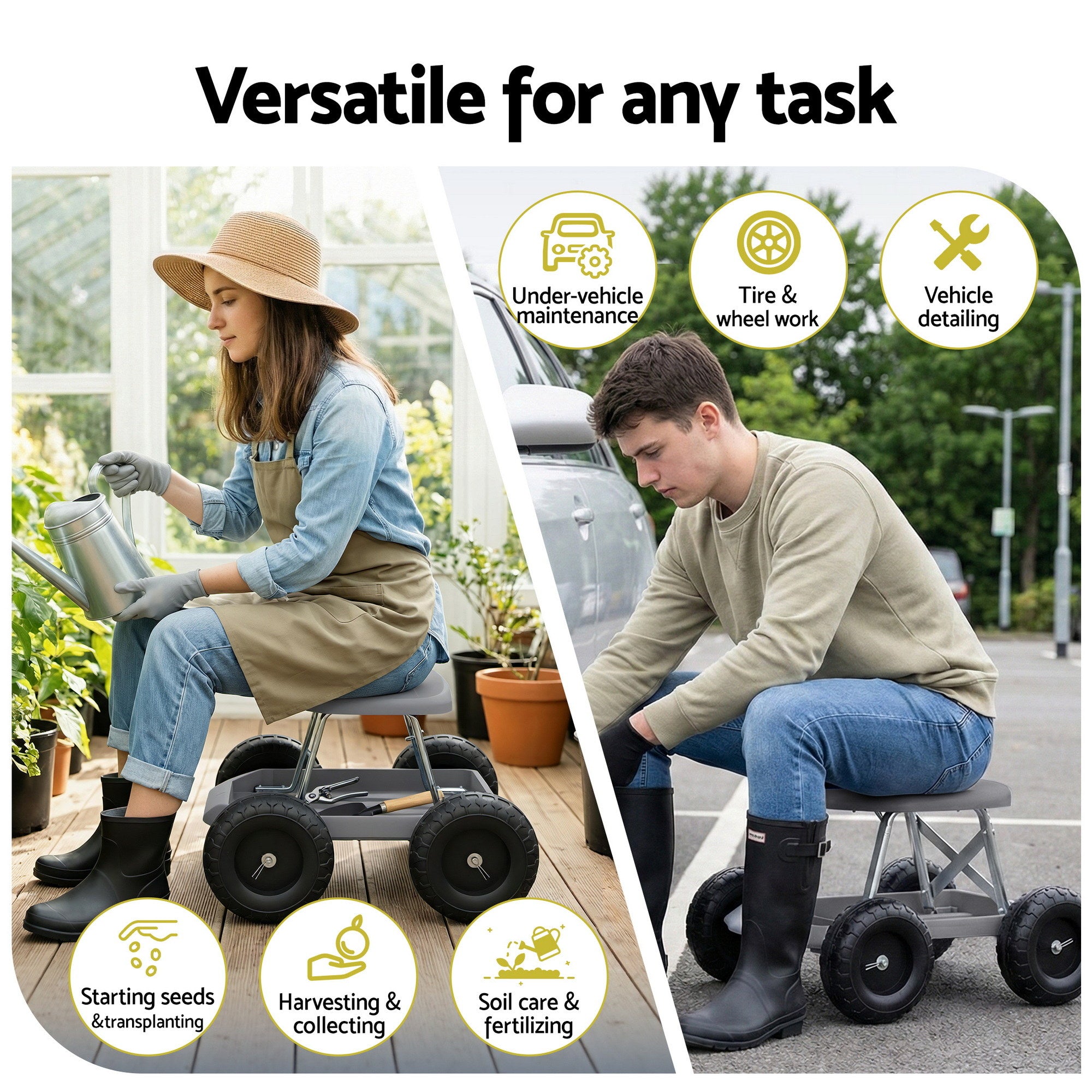 Gardeon Garden Cart Seat with Wheels, Rolling Work Stool with Tool Storage Tray, 440lbs (200kg) Heavy Duty Capacity Garden Stool for Outdoor Yard Work, Car Detailing, and Garage Maintenance, Grey/Black