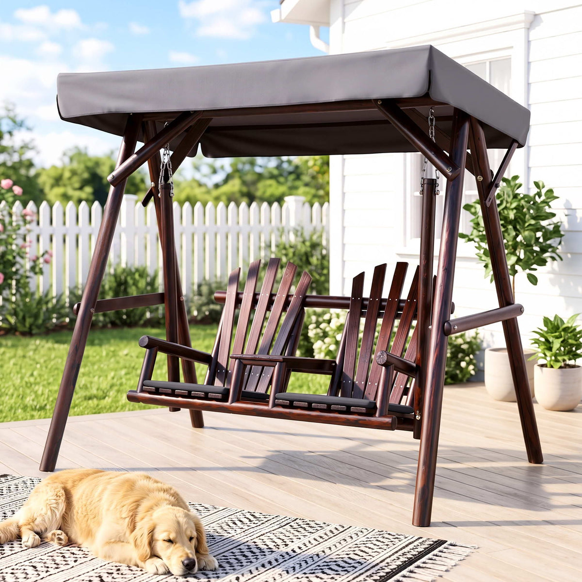 Gardeon Outdoor Wooden Swing Chair with Canopy Middle Table Charcoal