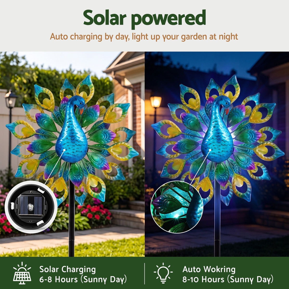 Gardeon Garden Windmill Solar Light Colorful Peacock Metal Spinner 190cm