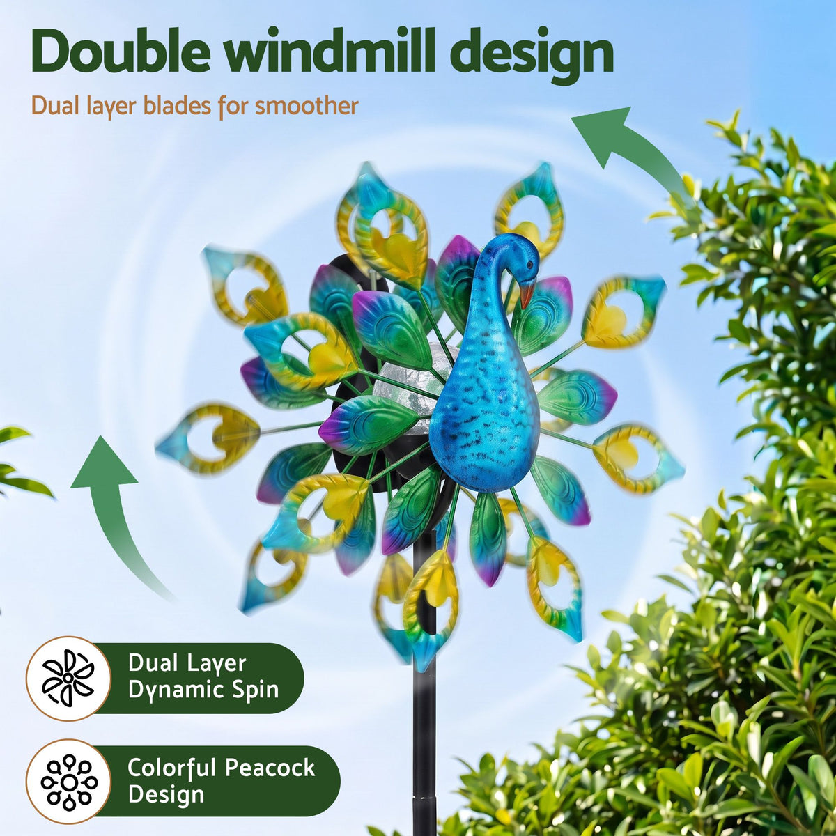 Gardeon Garden Windmill Solar Light Colorful Peacock Metal Spinner 190cm