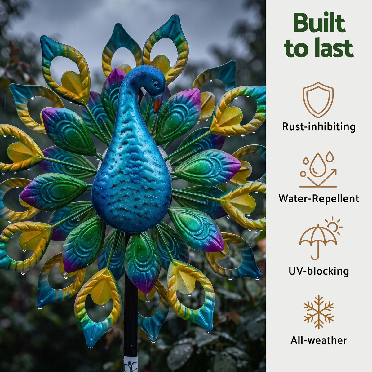 Gardeon Garden Windmill Solar Light Colorful Peacock Metal Spinner 190cm