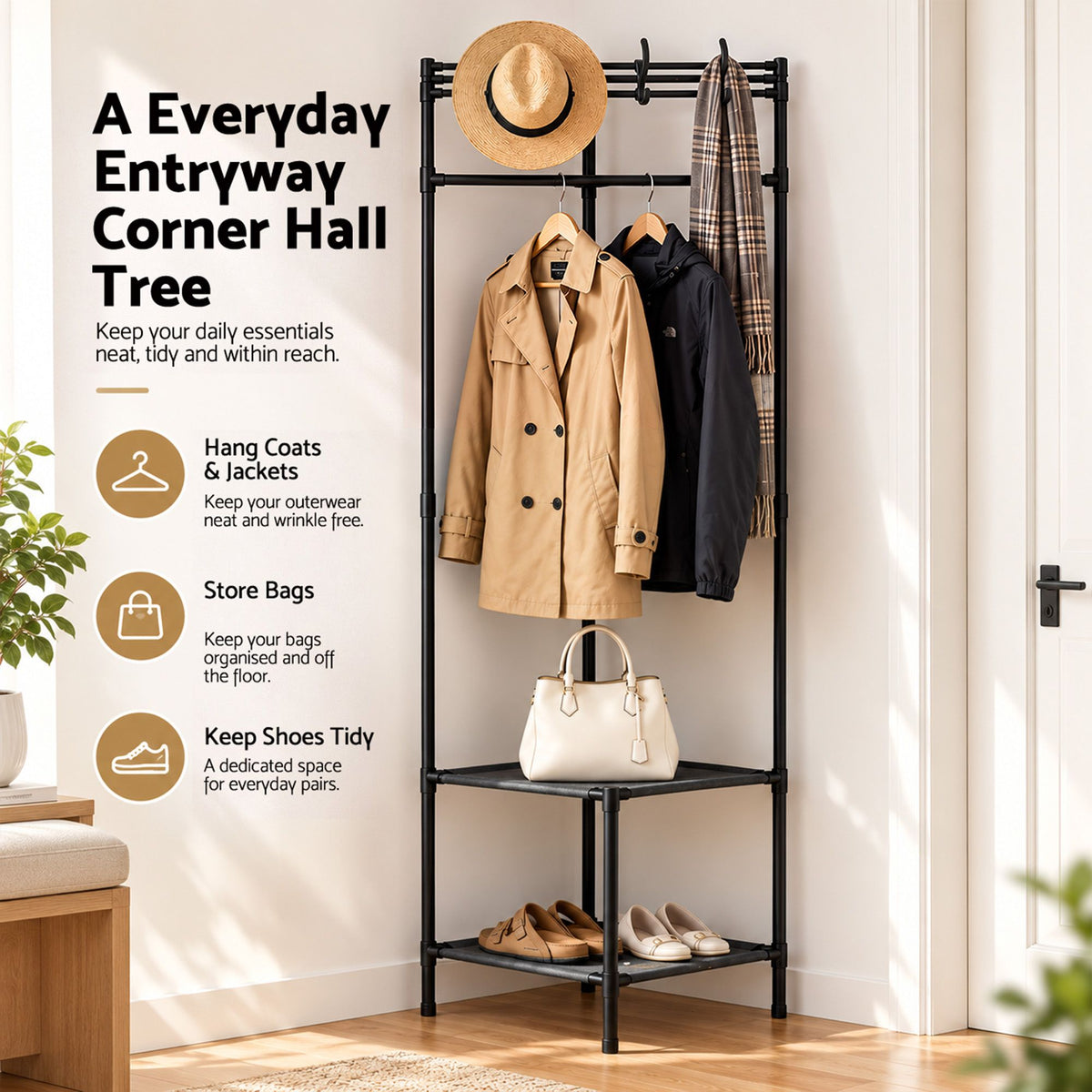 Artiss Coat Rack 181cm Freestanding Corner Hall Tree Garment Organiser Storage Shelf 8 Hooks Black