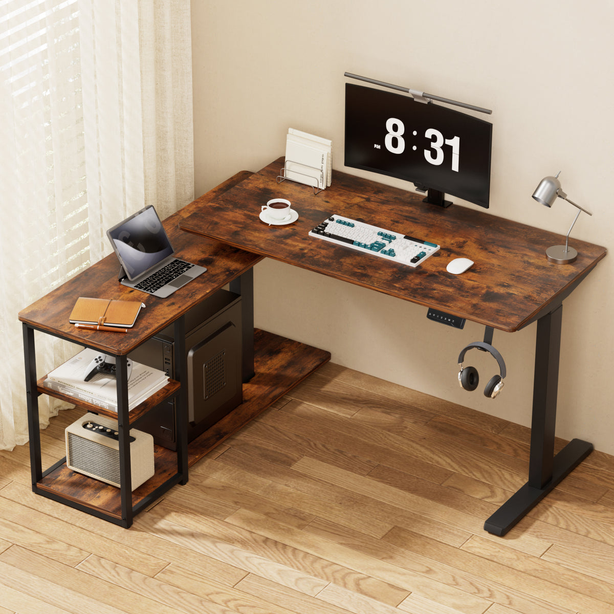 Artiss Electric Standing Desk Adjustable Motorised 120CM L Shaped Rustic Brown