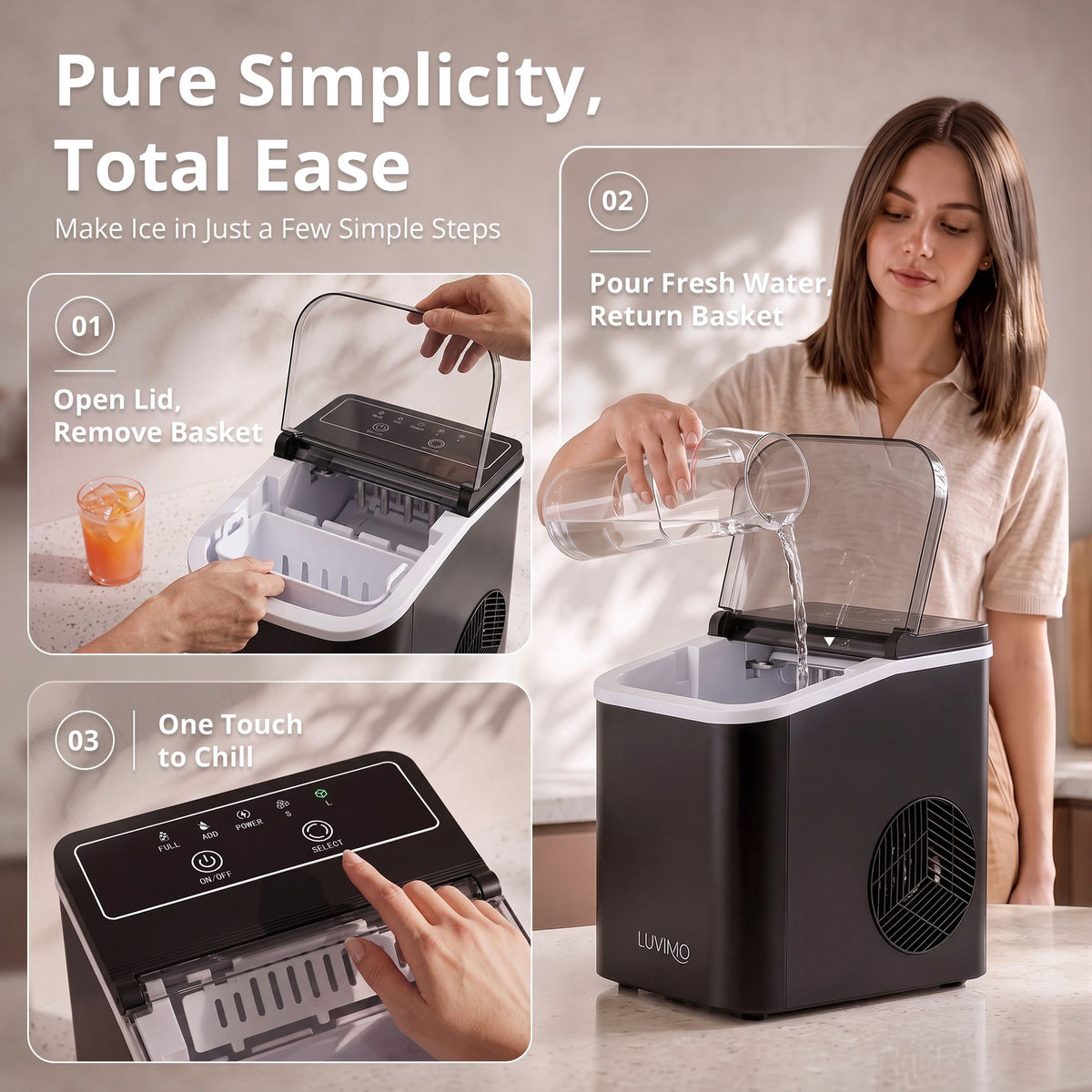 LUVIMO 12kg Ice Maker Machine Full Open Cover Deep Clean - Black