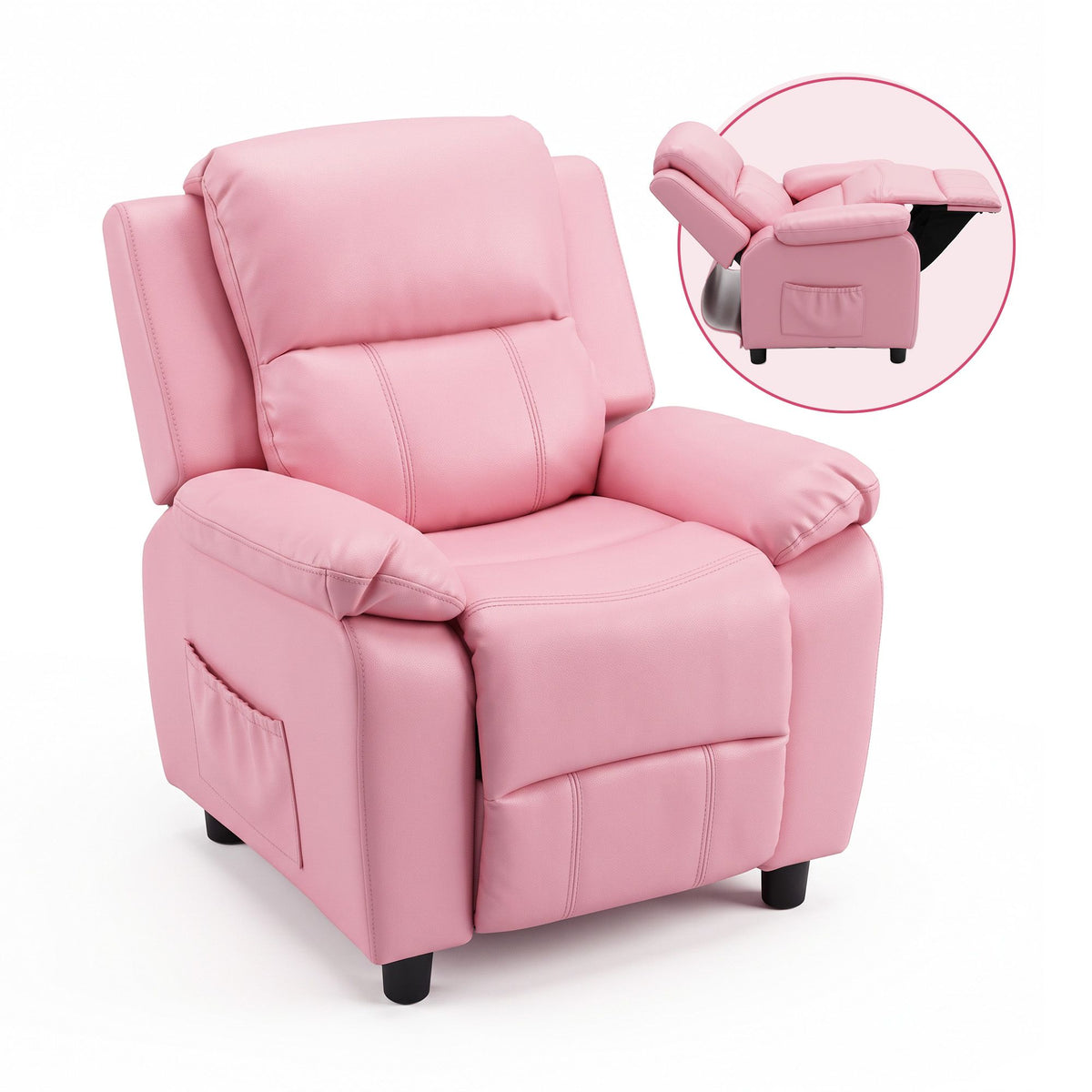 Keezi Kids Recliner Chair PU Leather Toddler Lounge Adjustable Backrest w/ Armrest Storage & 2 Side Pockets Pink