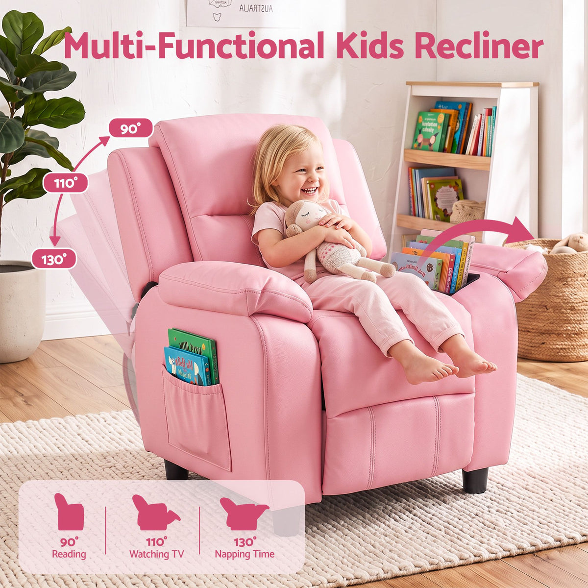 Keezi Kids Recliner Chair PU Leather Toddler Lounge Adjustable Backrest w/ Armrest Storage & 2 Side Pockets Pink