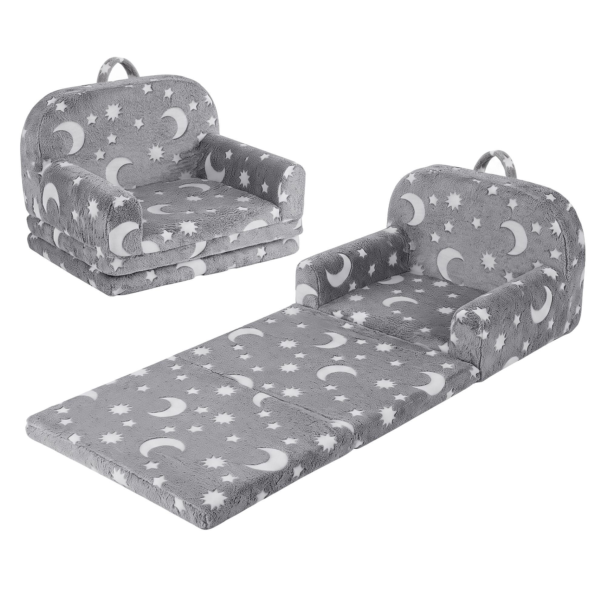 Keezi Kids 2-in-1 Fold Out Sofa Bed with Removable Washable Cover, Carry Handle, Storage Pocket, Glow in the Dark, Grey