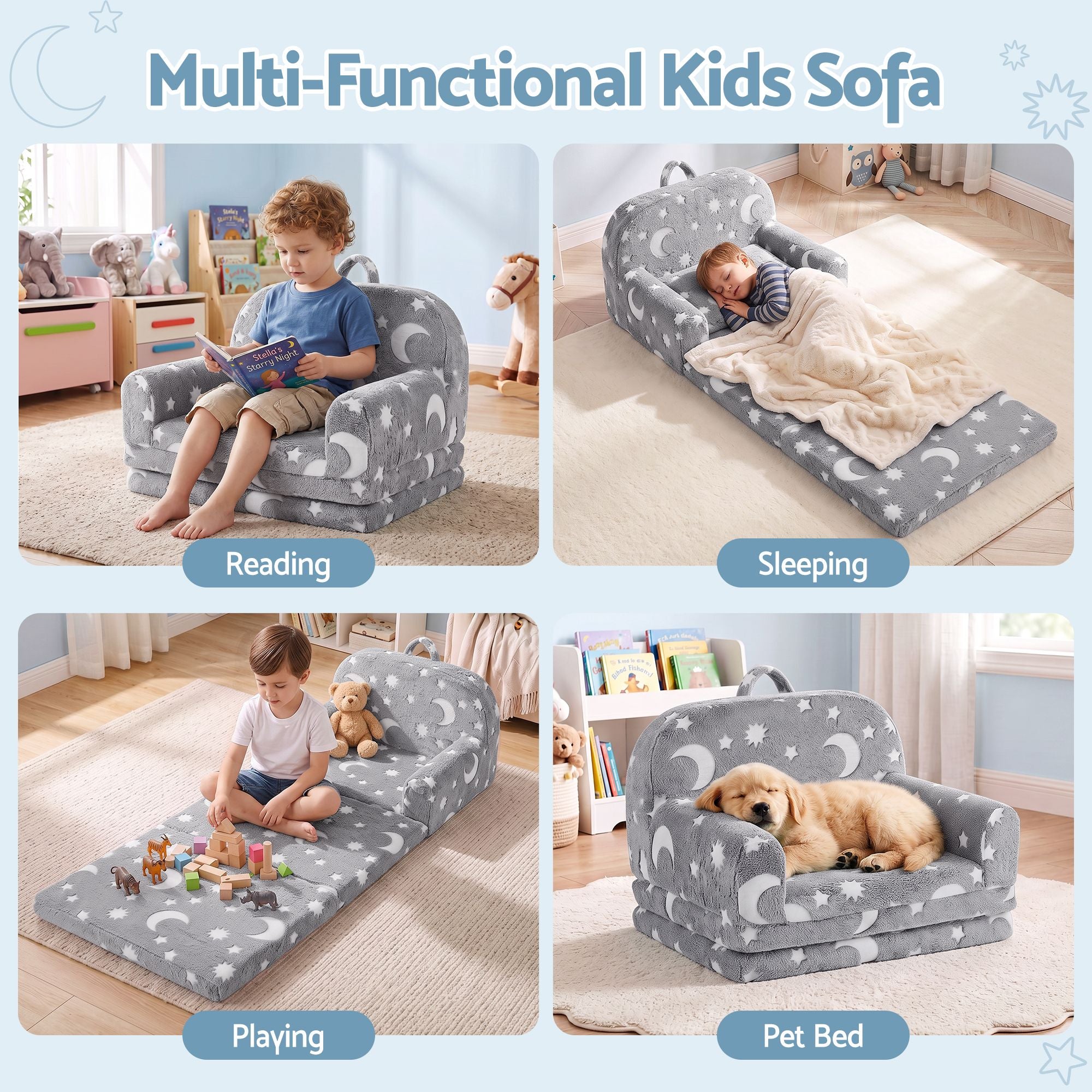 Keezi Kids 2-in-1 Fold Out Sofa Bed with Removable Washable Cover, Carry Handle, Storage Pocket, Glow in the Dark, Grey