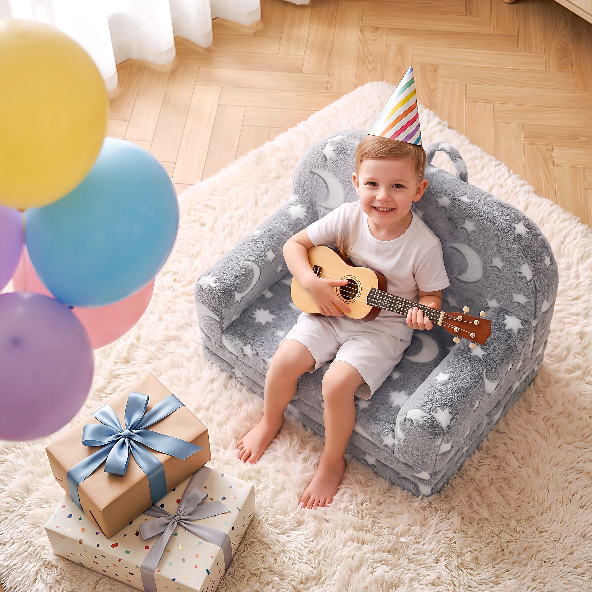 Keezi Kids 2-in-1 Fold Out Sofa Bed with Removable Washable Cover, Carry Handle, Storage Pocket, Glow in the Dark, Grey