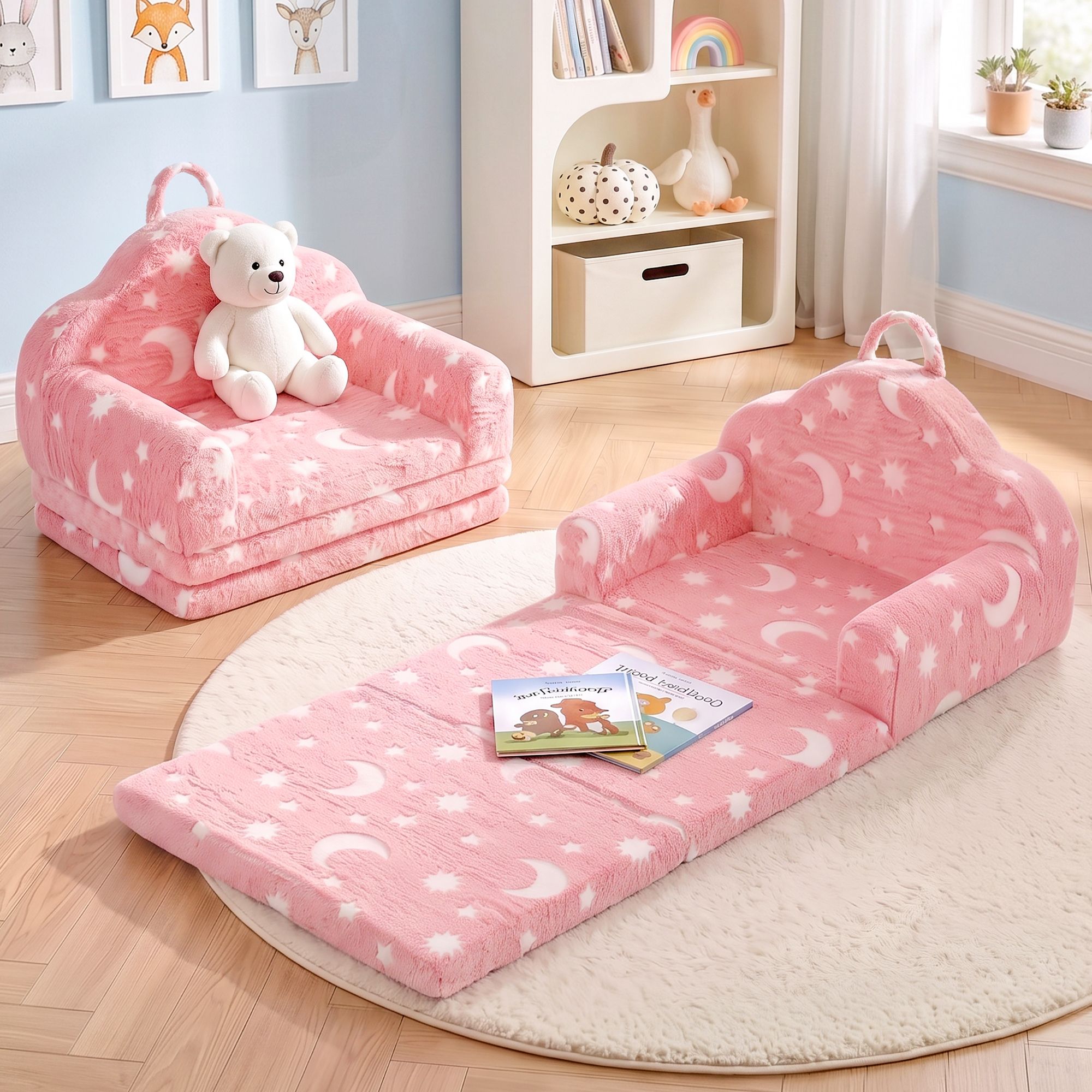 Keezi Kids 2-in-1 Fold Out Sofa Bed with Removable Washable Cover, Carry Handle, Storage Pocket, Glow in the Dark, Pink