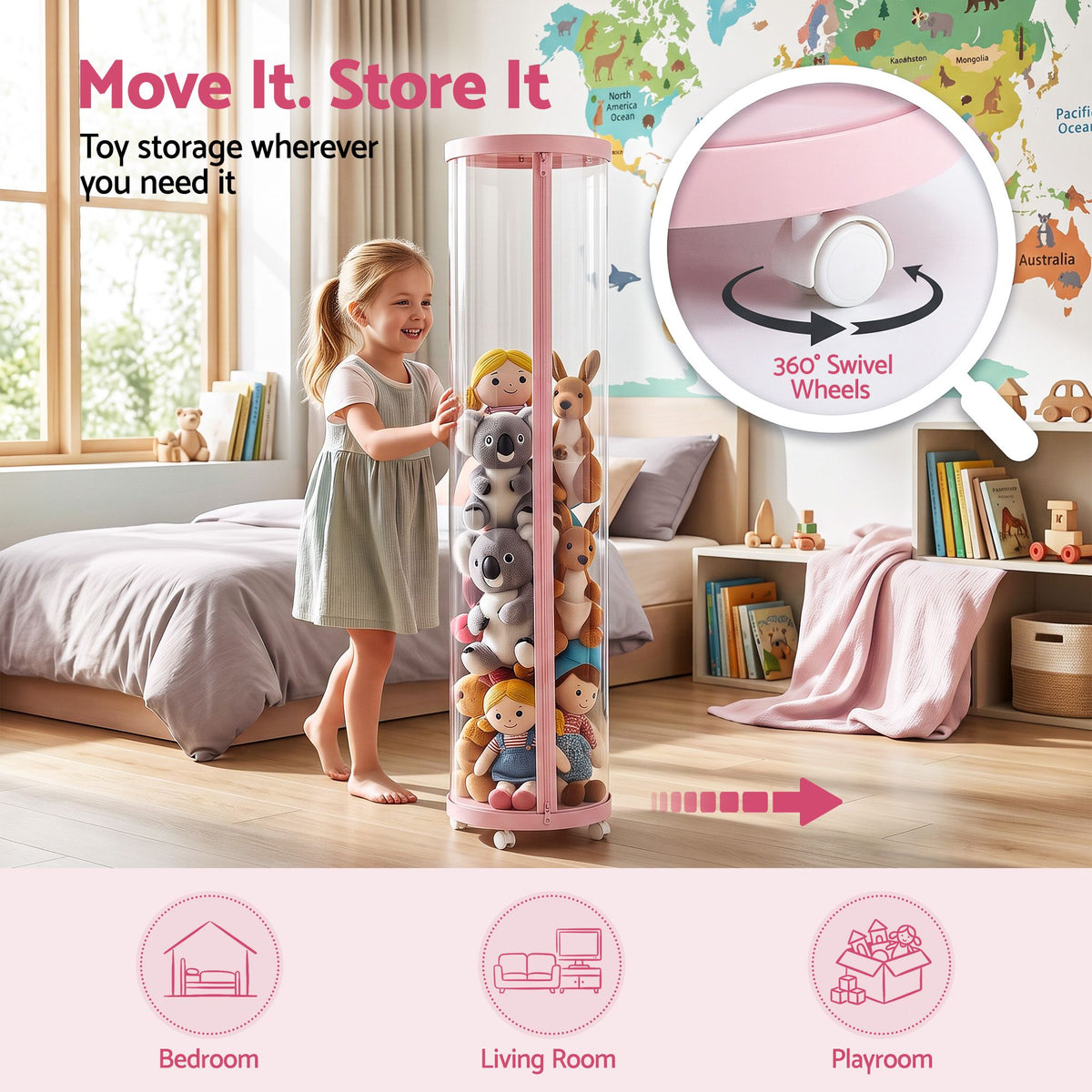 Keezi Stuffed Animal Storage Tube 128cm with Wheels Kids Plush Toy Organiser Pink Transparent Dual Zipper