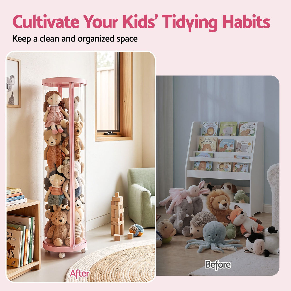 Keezi Stuffed Animal Storage Tube 128cm with Wheels Kids Plush Toy Organiser Pink Transparent Dual Zipper