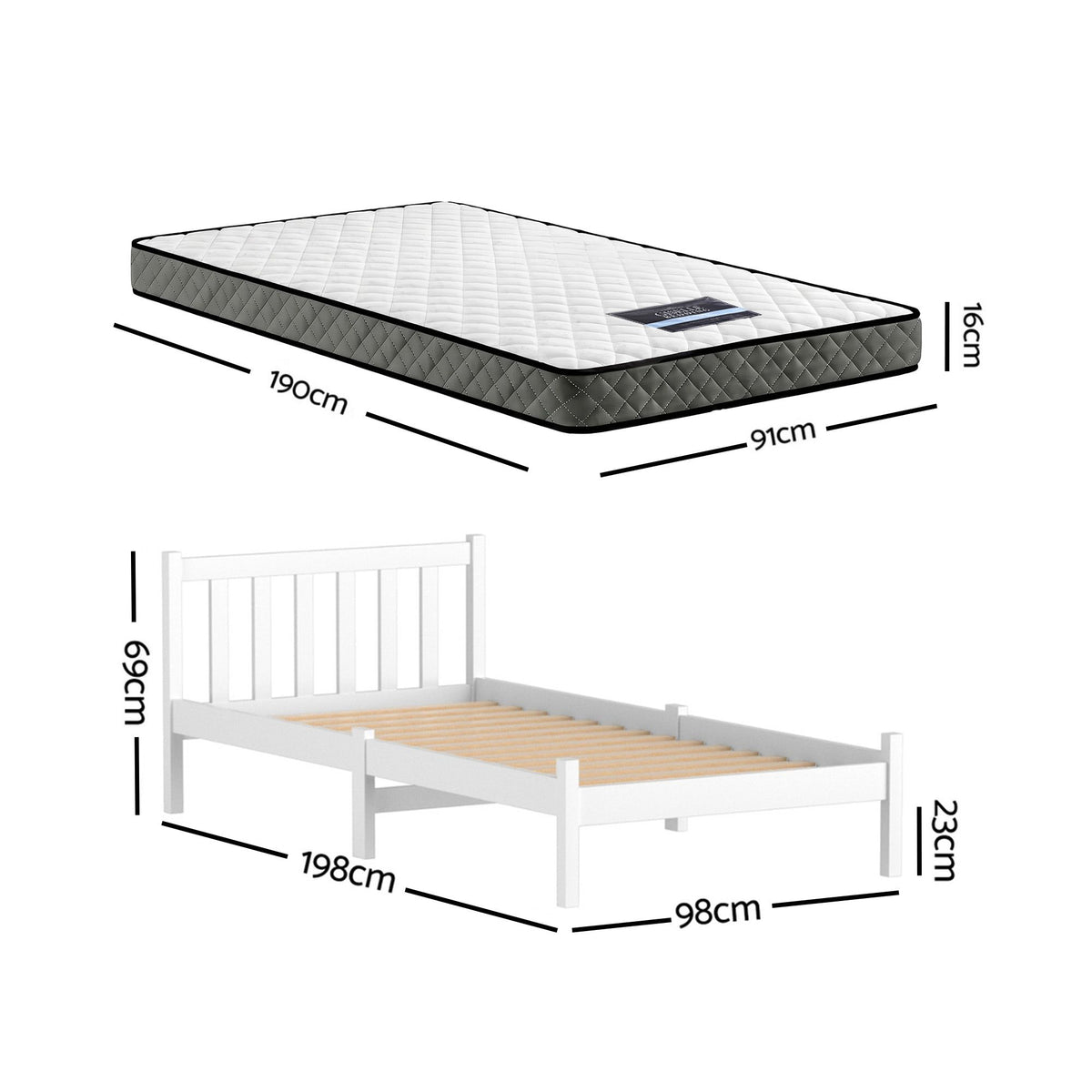 Giselle Single Mattress and Artiss Bed Frame Set White Solid Pine with 16cm Mattress