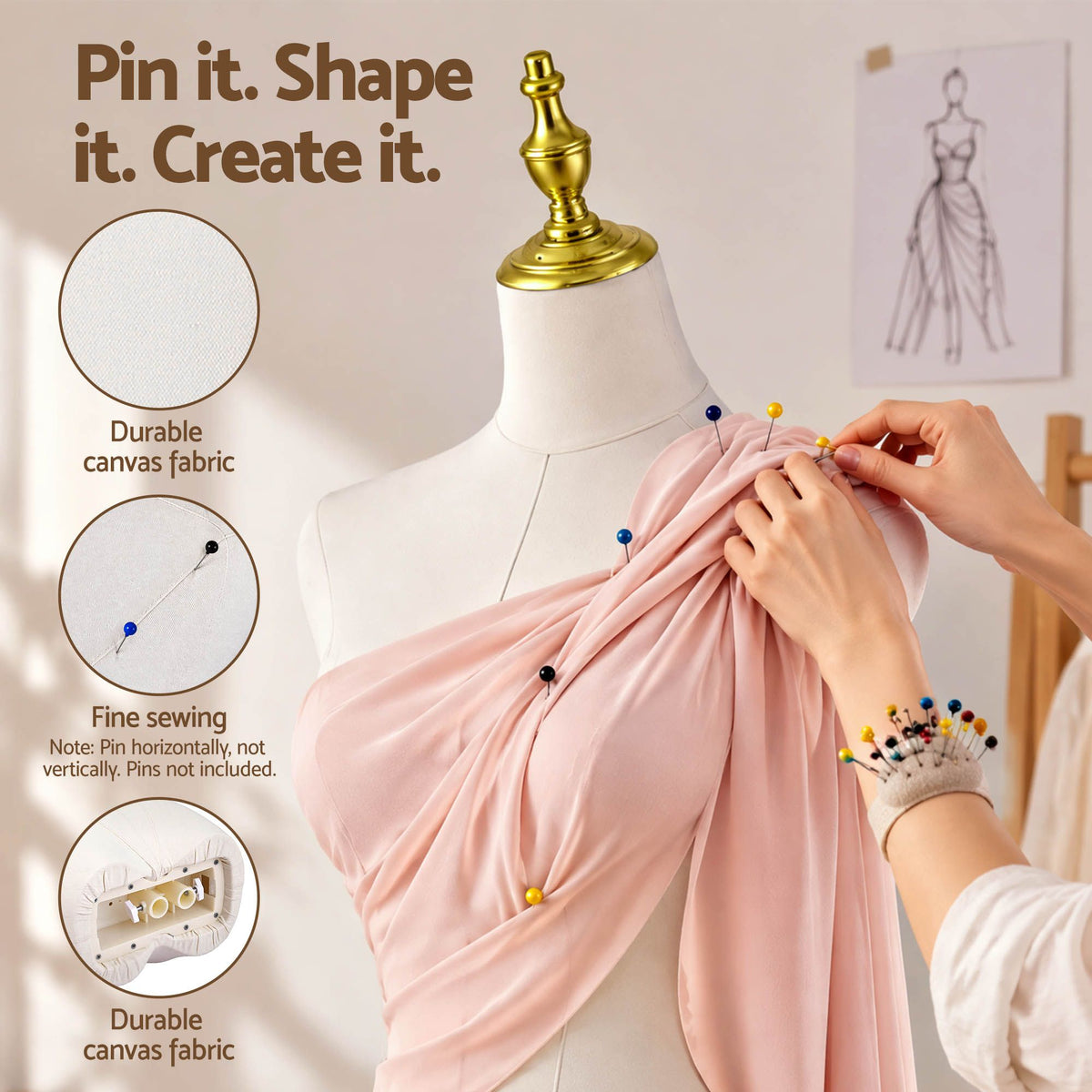 Embellir Dress Form Mannequin, Adjustable Female Torso, White Canvas Fabric, Display Stand with Detachable Gold Metal Bracket & Base
