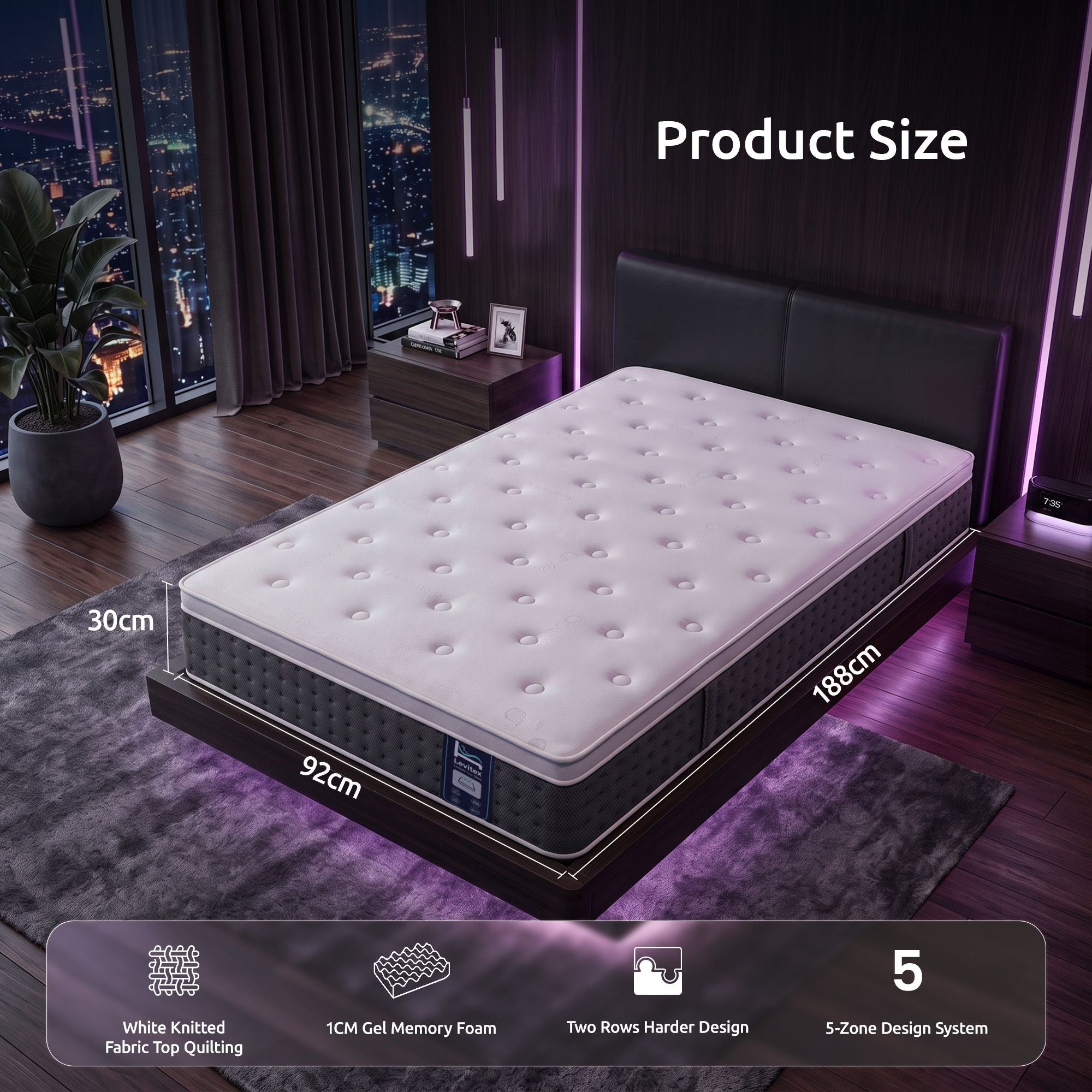 Levitex Single Mattress Lumbar Support 5-Zone Individual Pocket Spring 30CM