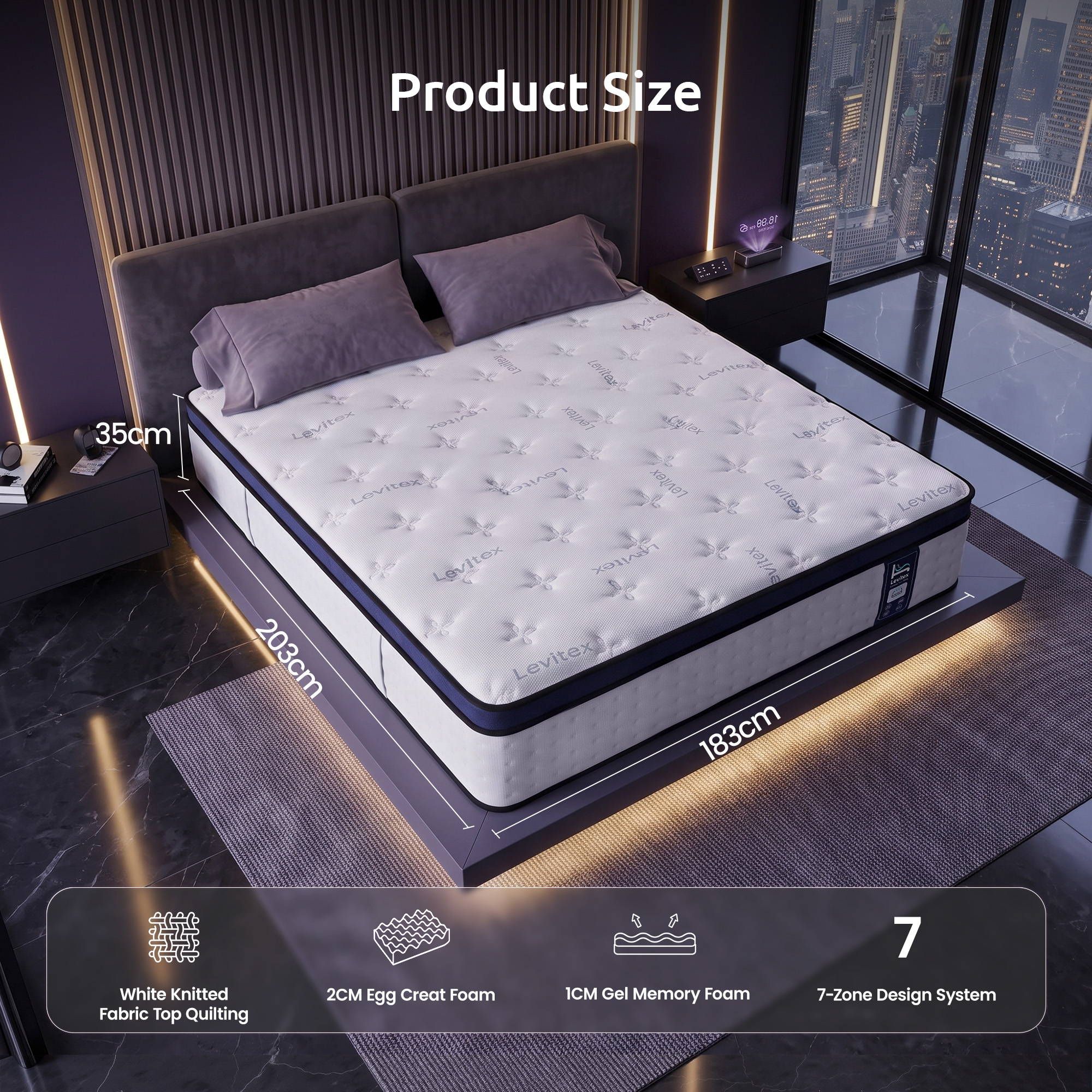 Levitex 35CM King Mattresses Gel Memory Foam and 7-Zone Ergonomic Pocket Spring, Anti-Roll Dual-Row Edge, Undisturbed Deep Sleep For Restless Couples, Triple Cooling System