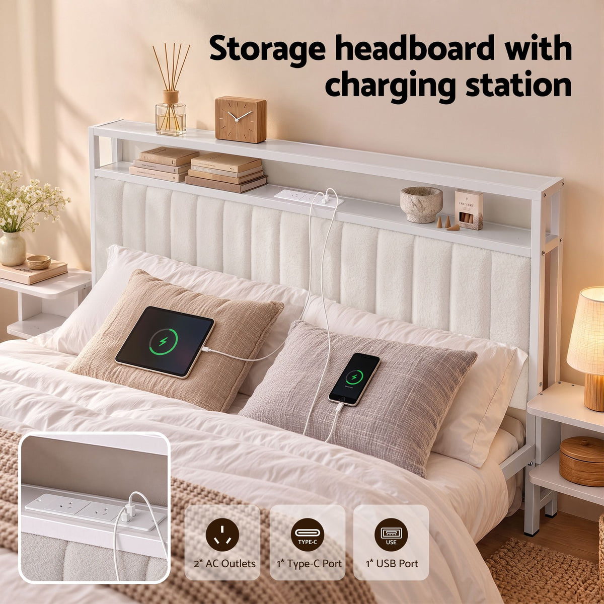 Artiss King Metal Bed Frame Boucle Headboard Charging Station Side Table White