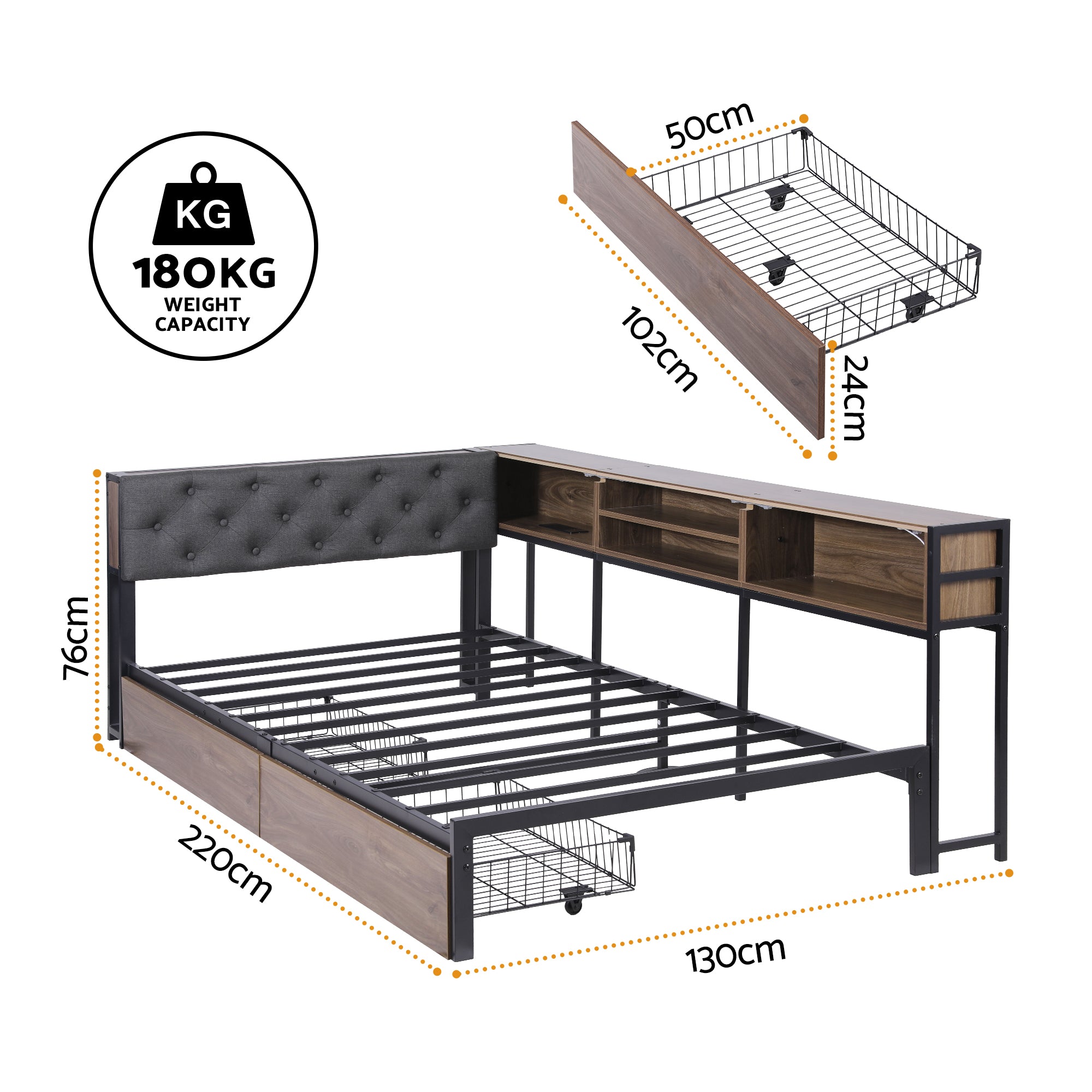 Artiss Bed Frame King Single Size with 2 Drawers and Charging Station Metal Corner Bed Base