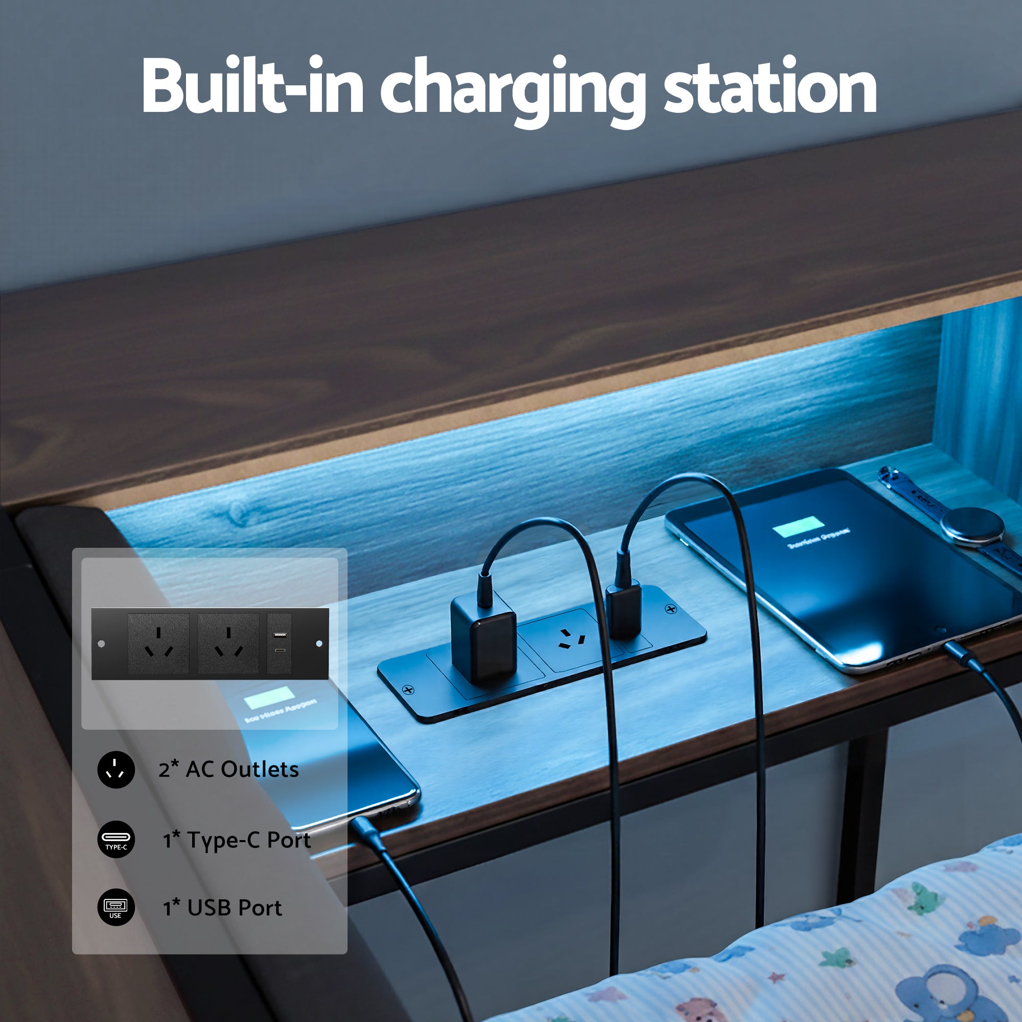 Artiss Bed Frame King Single Size with 2 Drawers and Charging Station Metal Corner Bed Base