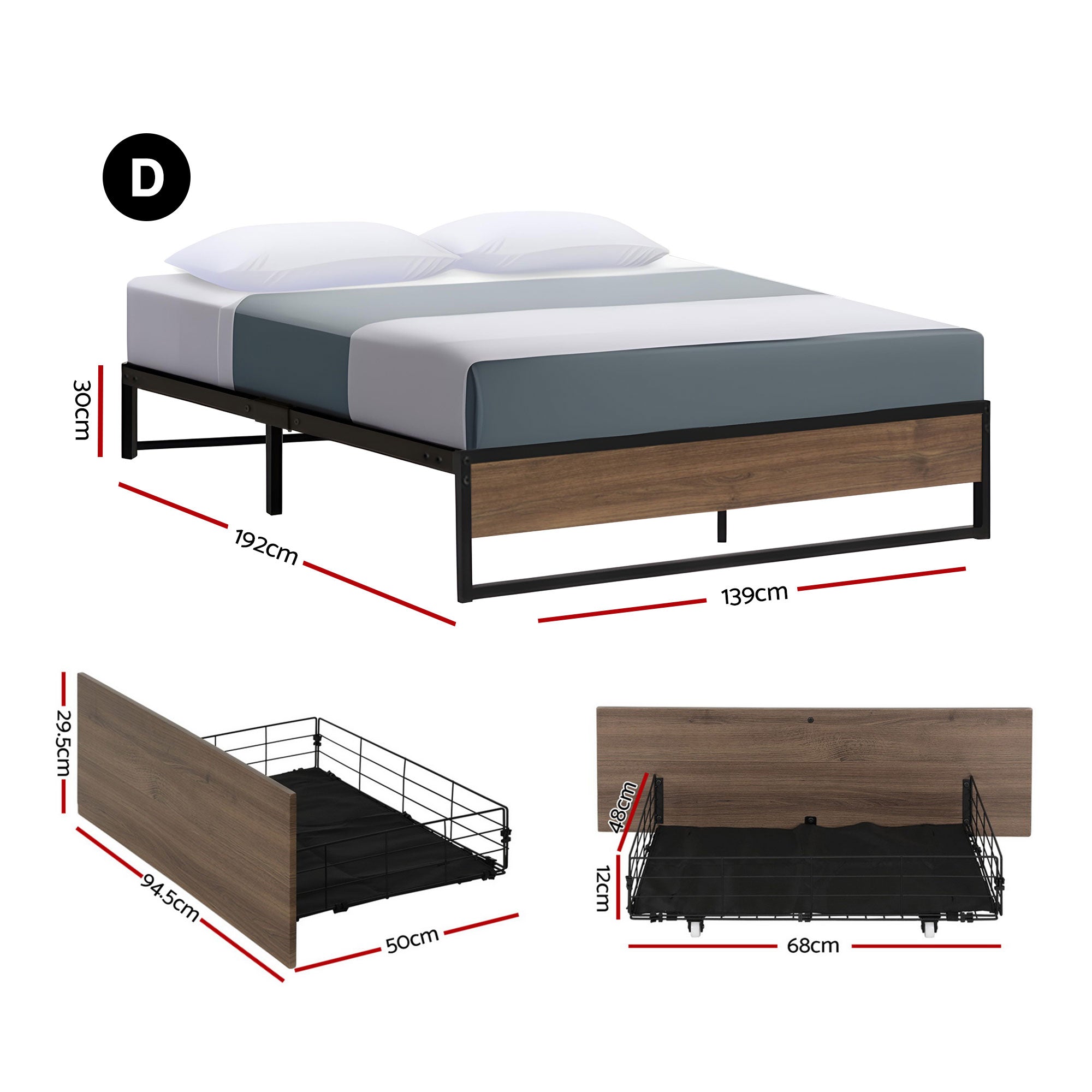 Artiss Bed Frame Metal Frame Double Size Bed Base 2 Drawers OSLO
