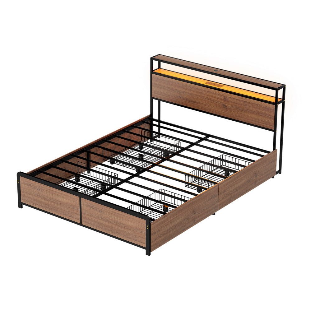 Artiss Metal Bed Frame Queen Size with 2-Tier Storage Headboard Metal Platform with 4 Storage Drawers Built in Charging Station & LED Noise-Free/Metal Support/No Box Spring Needed Vintage Brown