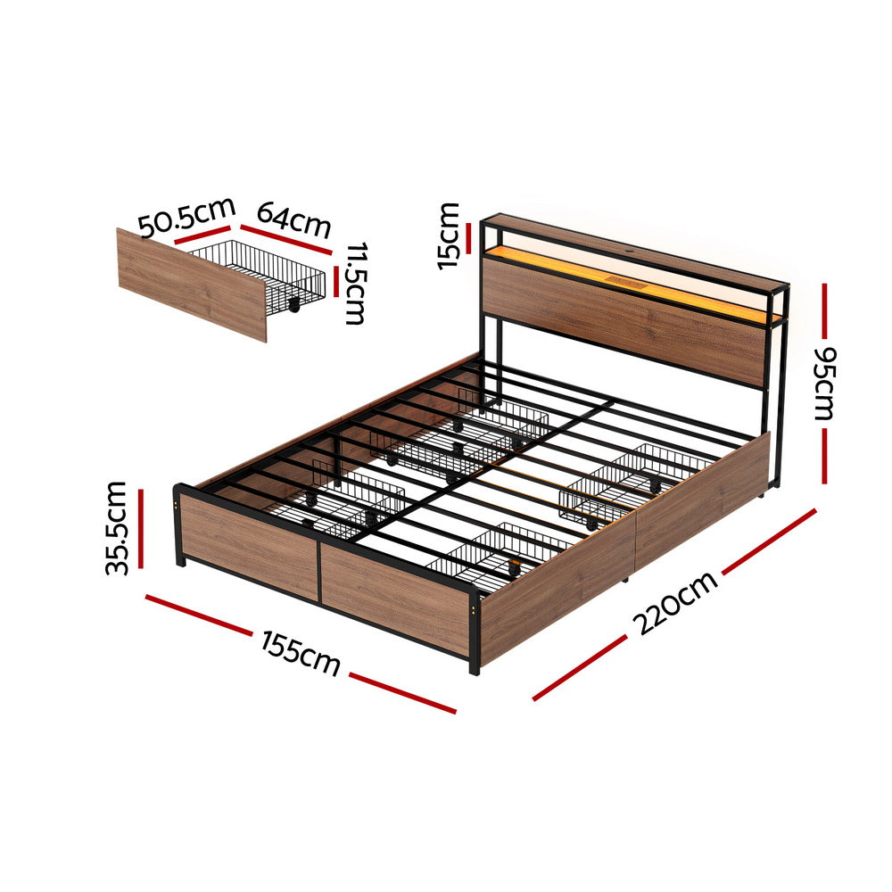 Artiss Metal Bed Frame Queen Size with 2-Tier Storage Headboard Metal Platform with 4 Storage Drawers Built in Charging Station & LED Noise-Free/Metal Support/No Box Spring Needed Vintage Brown
